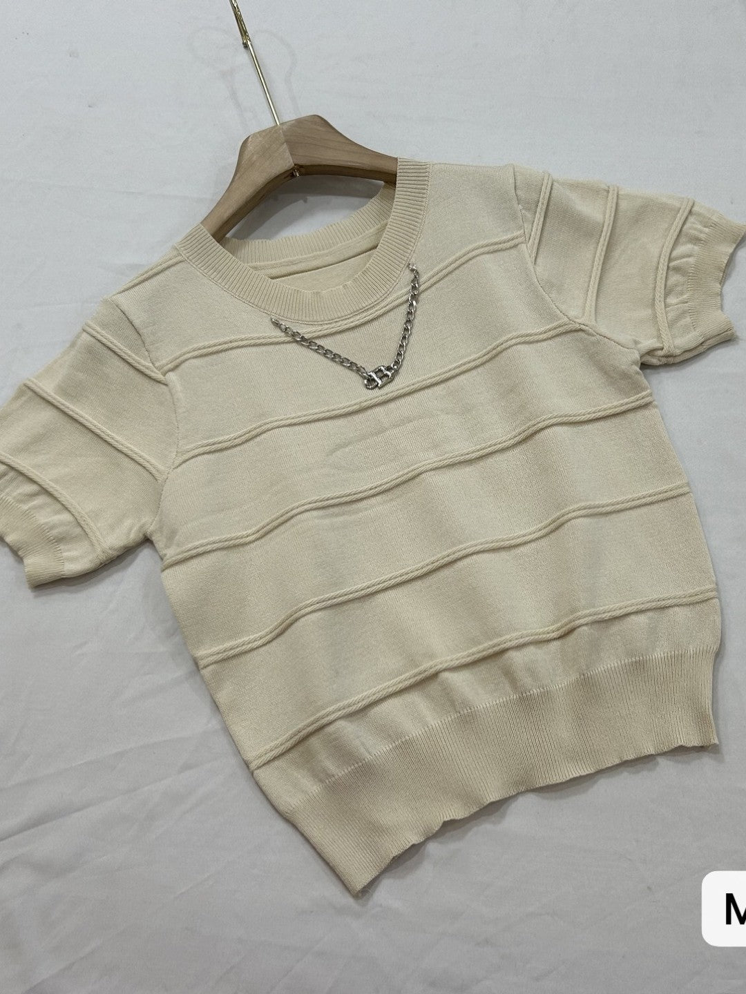 Cream Viscose Rayon Round Neck Short Sleeves Horizontal Stripes Top