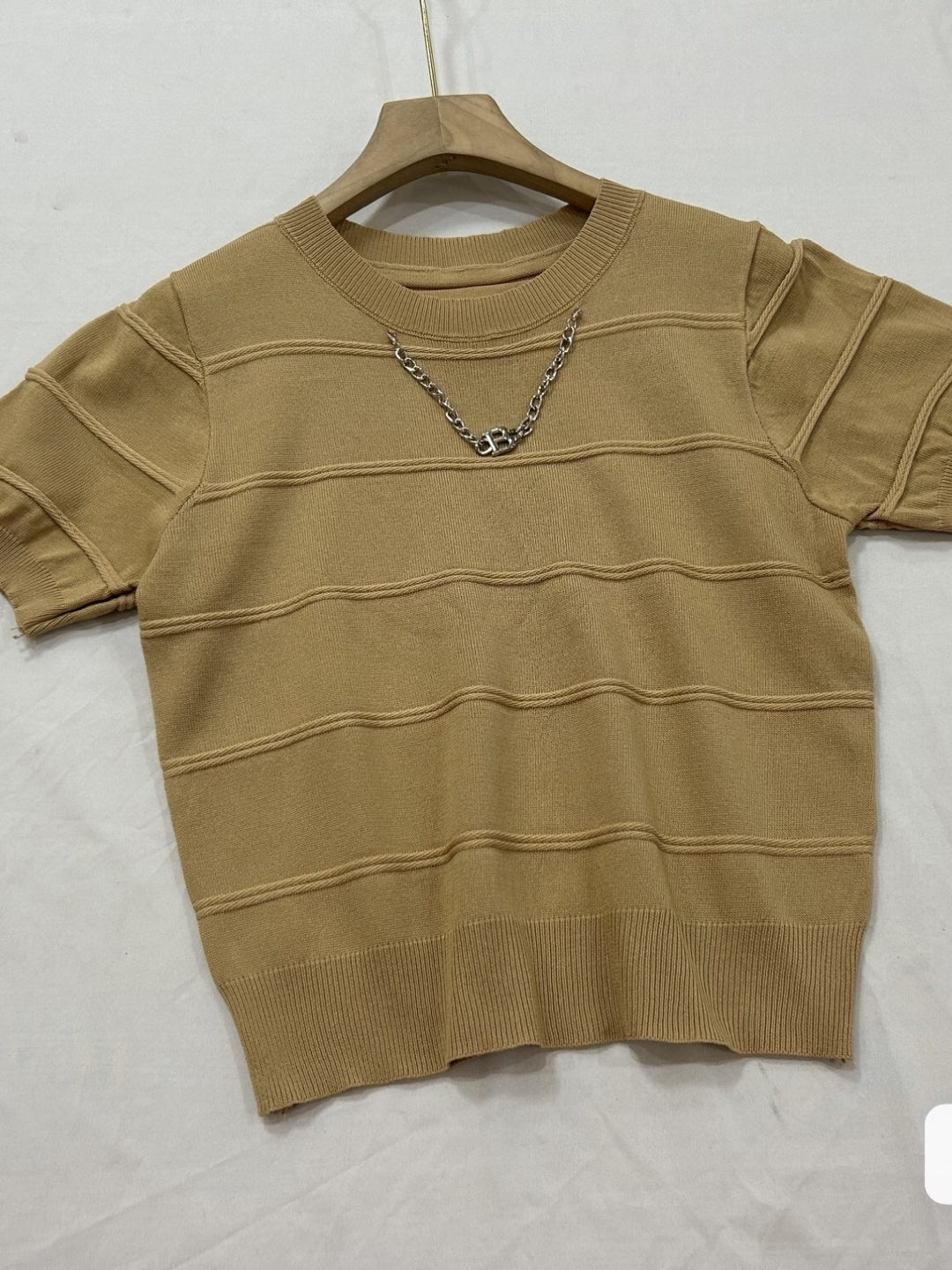 Khaki Viscose Rayon Round Neck Short Sleeves Horizontal Stripes Top