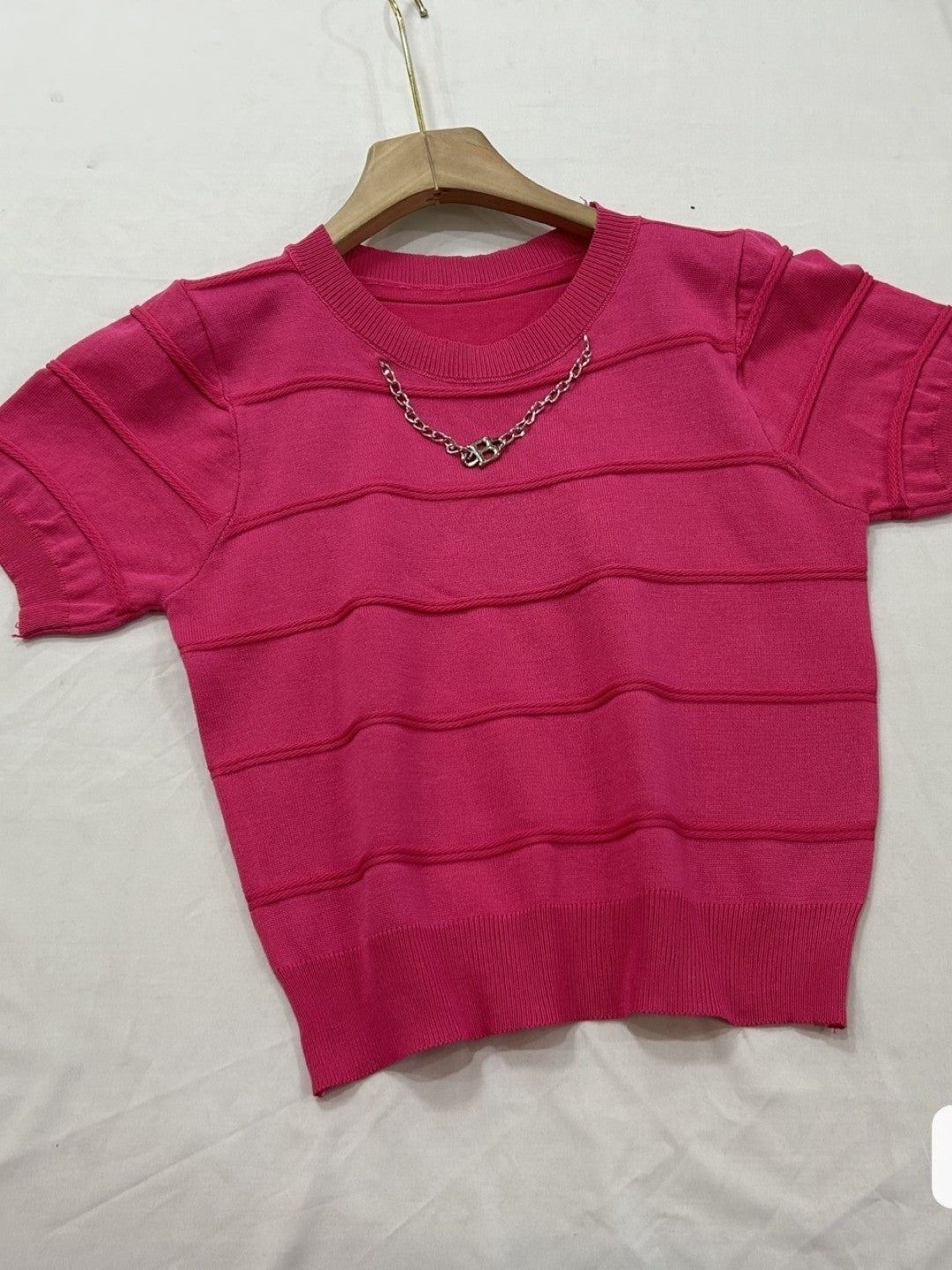 Pink Viscose Rayon Round Neck Short Sleeves Horizontal Stripes Top