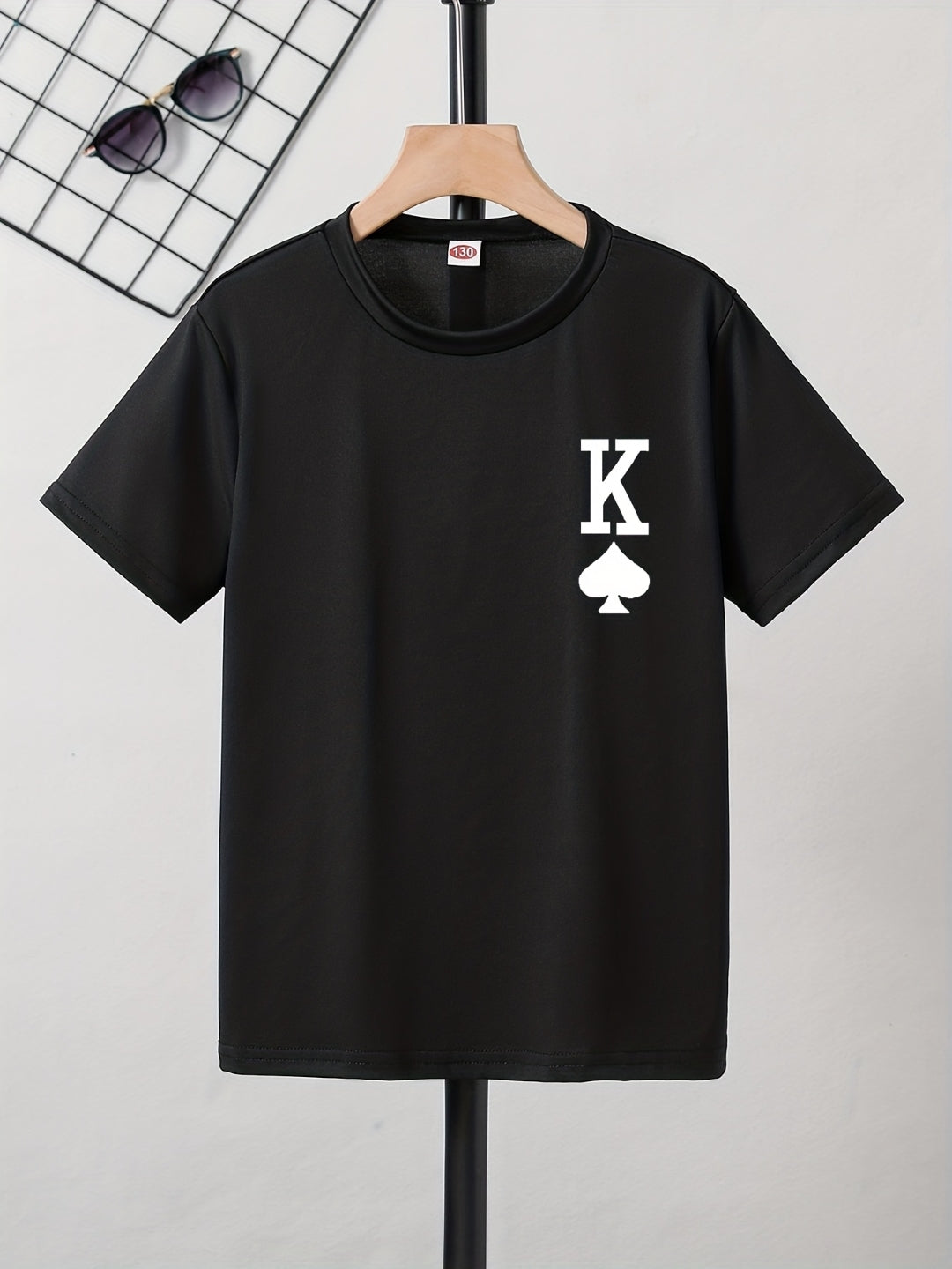 Black Round Neck Graphics Printed Short Sleeves Polyester T-Shirt