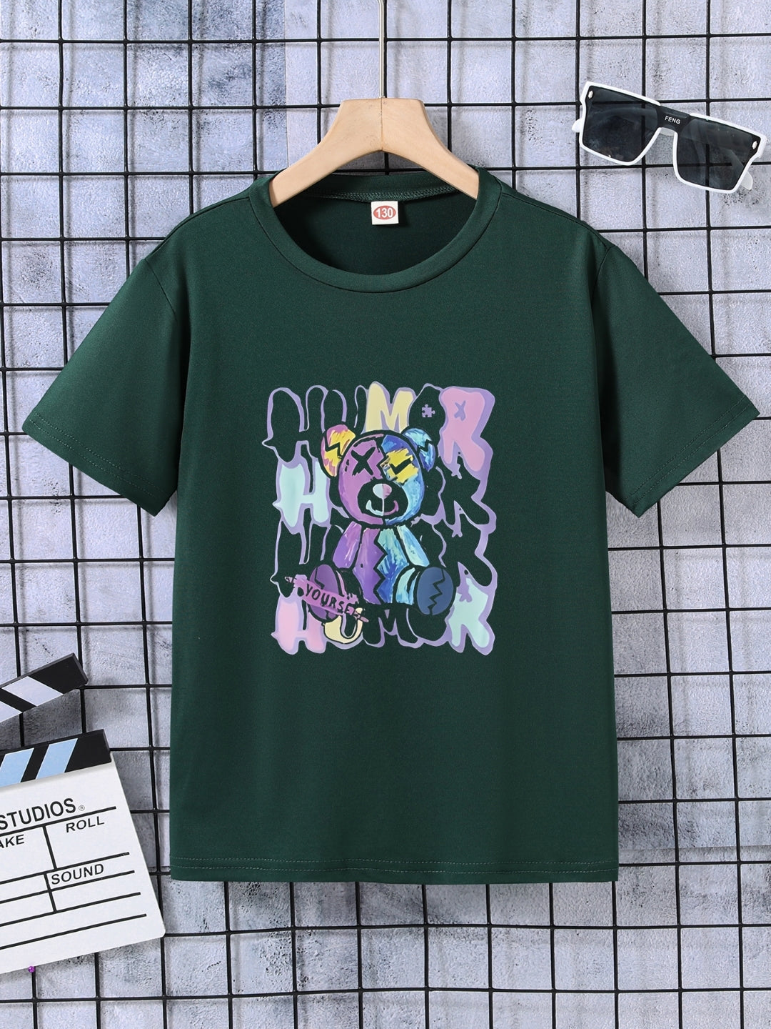 Green Round Neck Graphics Printed Short Sleeves Polyester T-Shirt