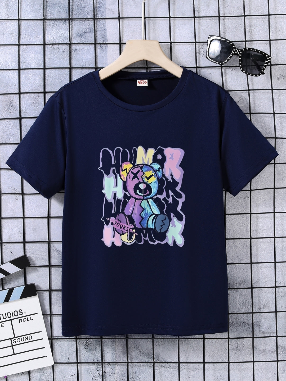 Navy Blue Round Neck Graphics Printed Short Sleeves Polyester T-Shirt