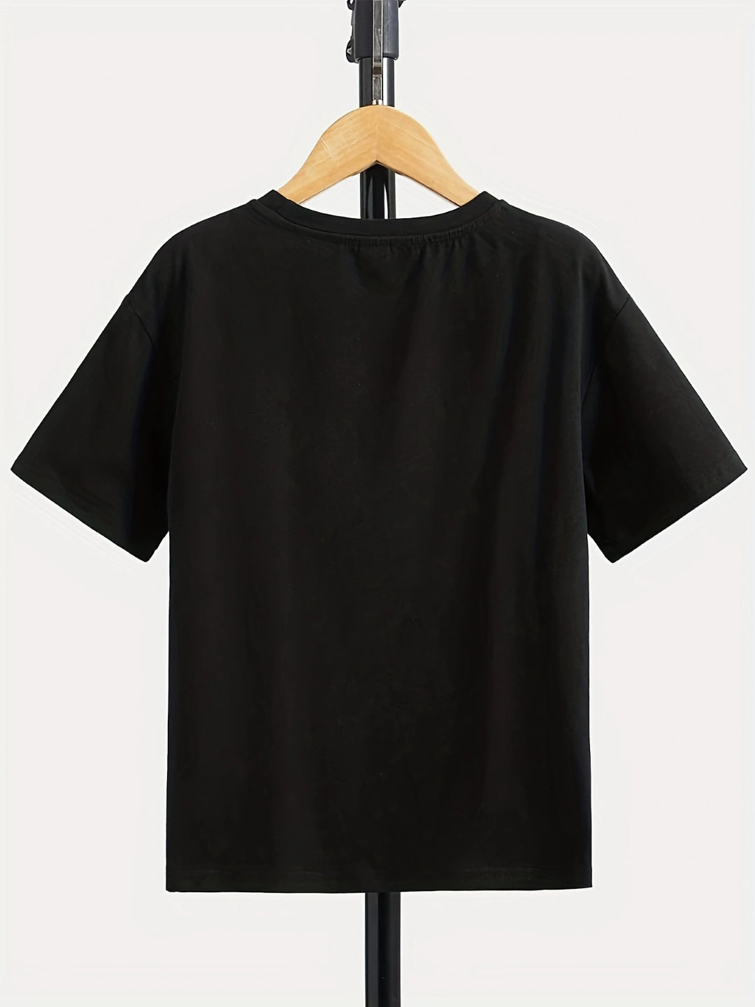 Black Round Neck Graphics Printed Short Sleeves Polyester T-Shirt