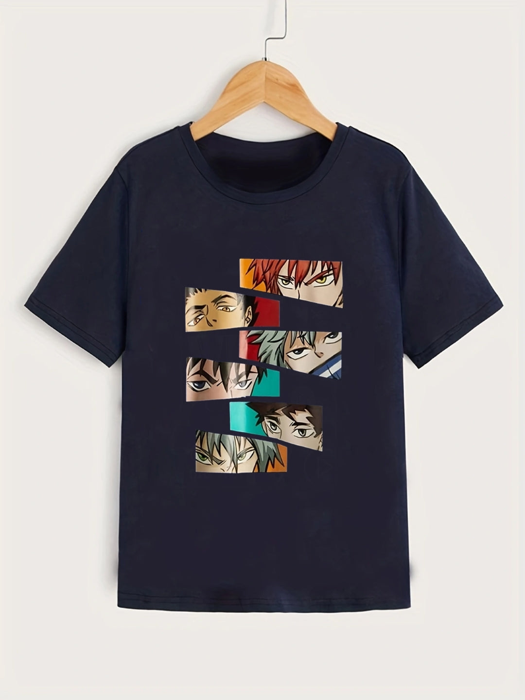 Navy Blue Round Neck Graphics Printed Short Sleeves Polyester T-Shirt