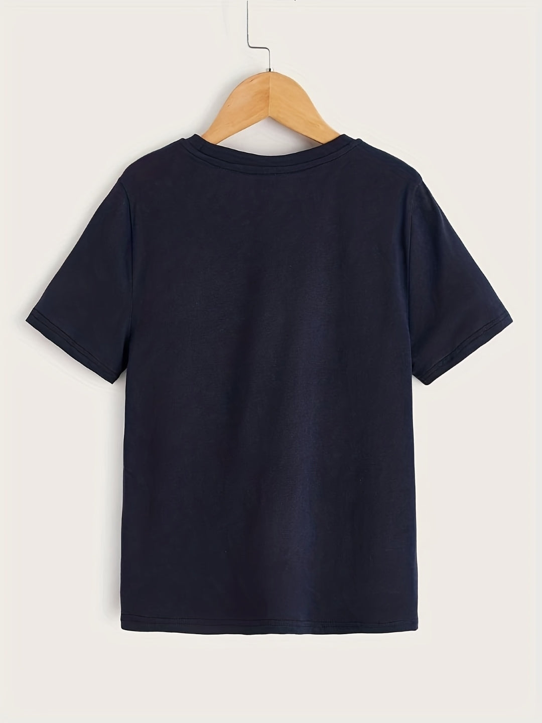 Navy Blue Round Neck Graphics Printed Short Sleeves Polyester T-Shirt