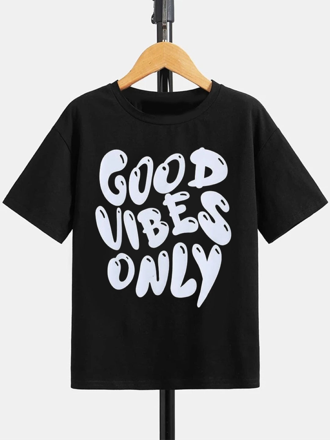 Black Round Neck Graphics Printed Short Sleeves Polyester T-Shirt