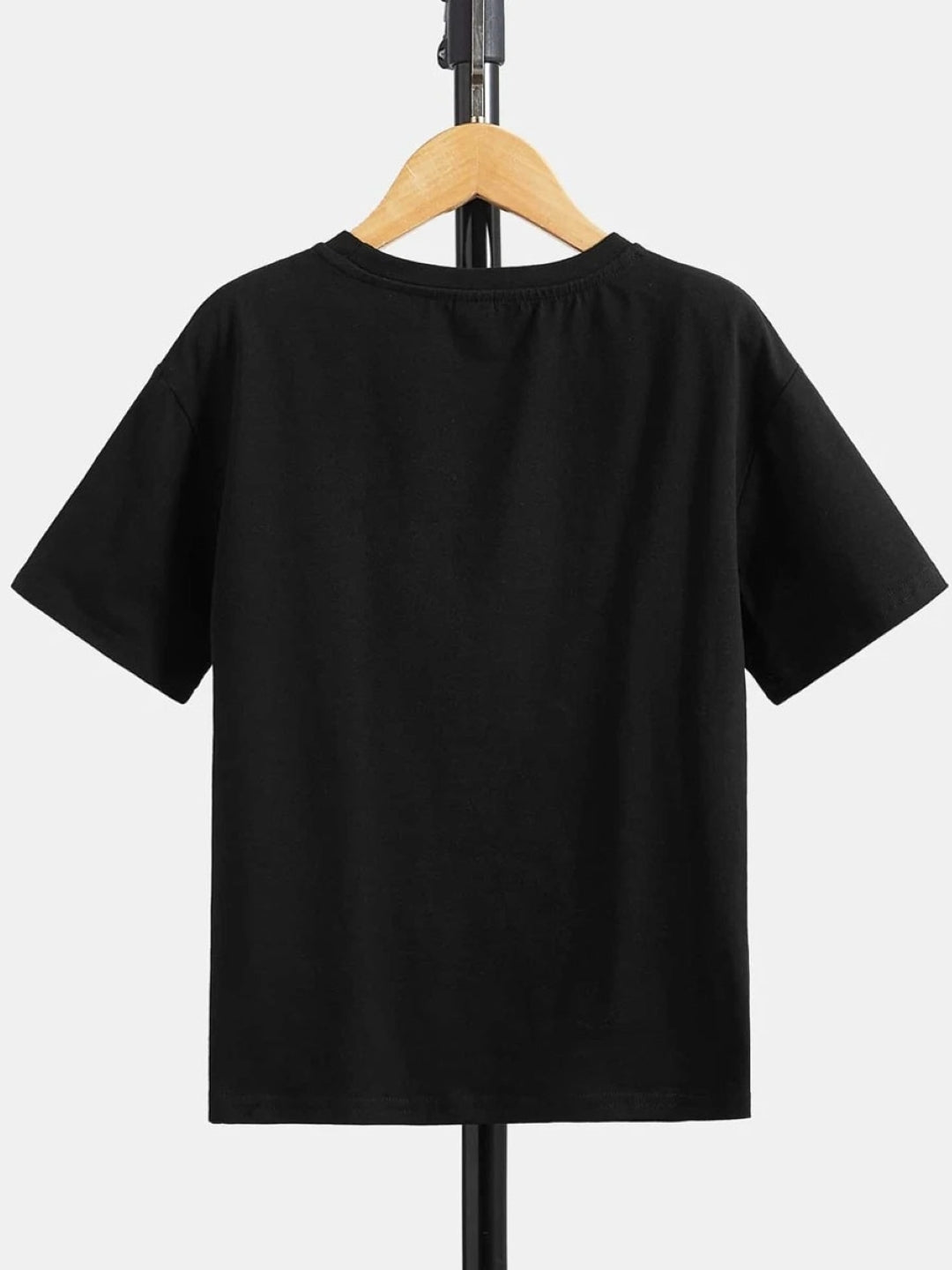 Black Round Neck Graphics Printed Short Sleeves Polyester T-Shirt