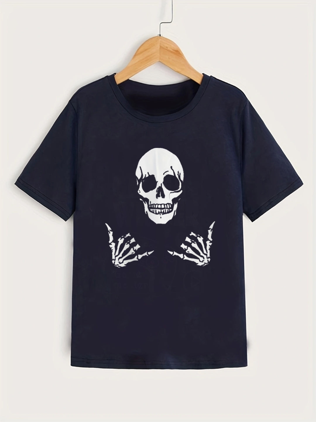 Navy Blue Round Neck Graphics Printed Short Sleeves Polyester T-Shirt