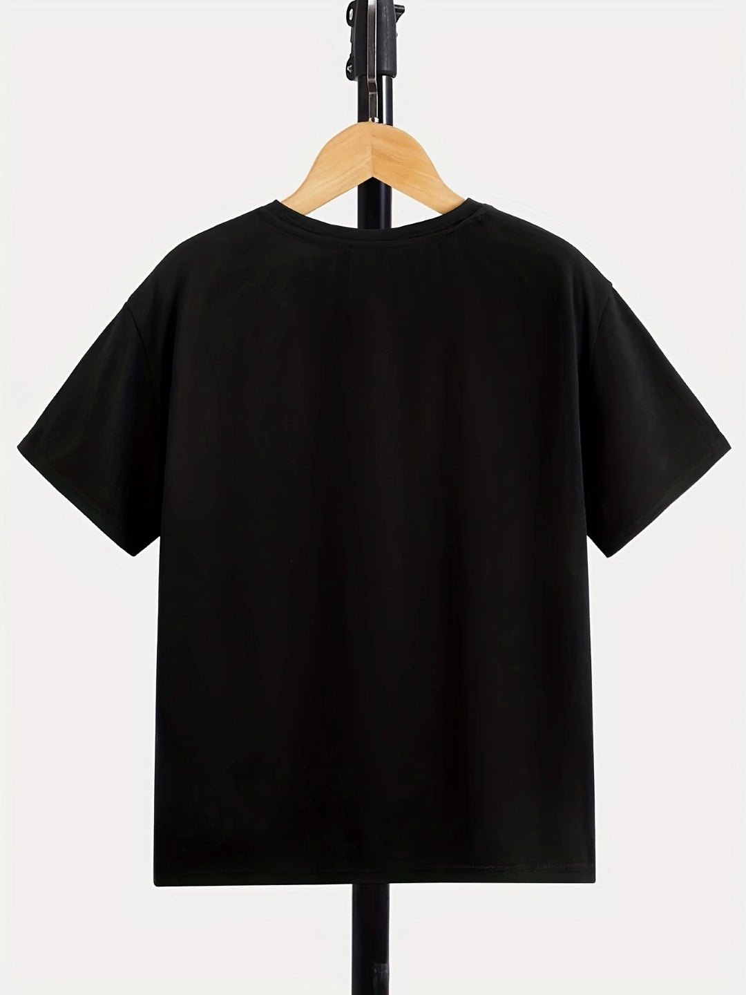 Black Round Neck Graphics Printed Short Sleeves Polyester T-Shirt