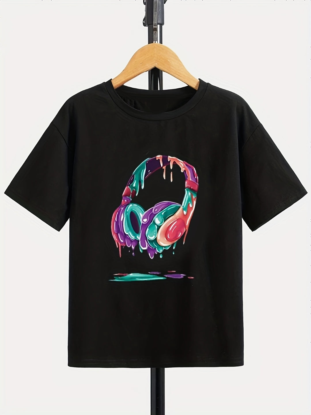 Black Round Neck Graphics Printed Short Sleeves Polyester T-Shirt