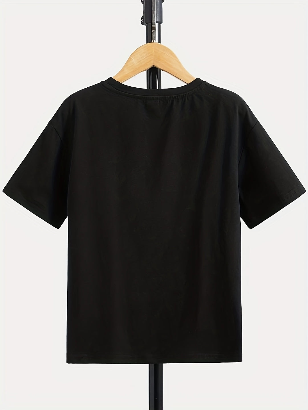 Black Round Neck Graphics Printed Short Sleeves Polyester T-Shirt