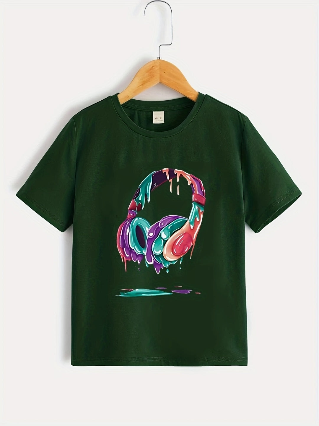 Green Round Neck Graphics Printed Short Sleeves Polyester T-Shirt