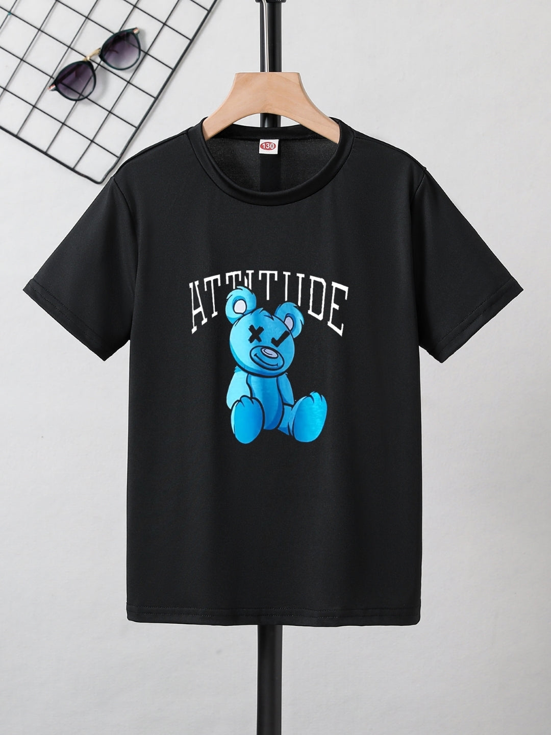 Black Round Neck Graphics Printed Short Sleeves Polyester T-Shirt