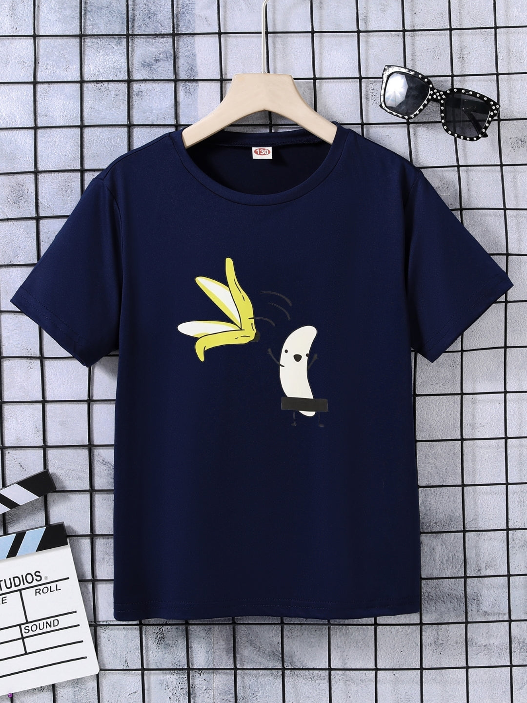 Navy Blue Round Neck Graphics Printed Short Sleeves Polyester T-Shirt