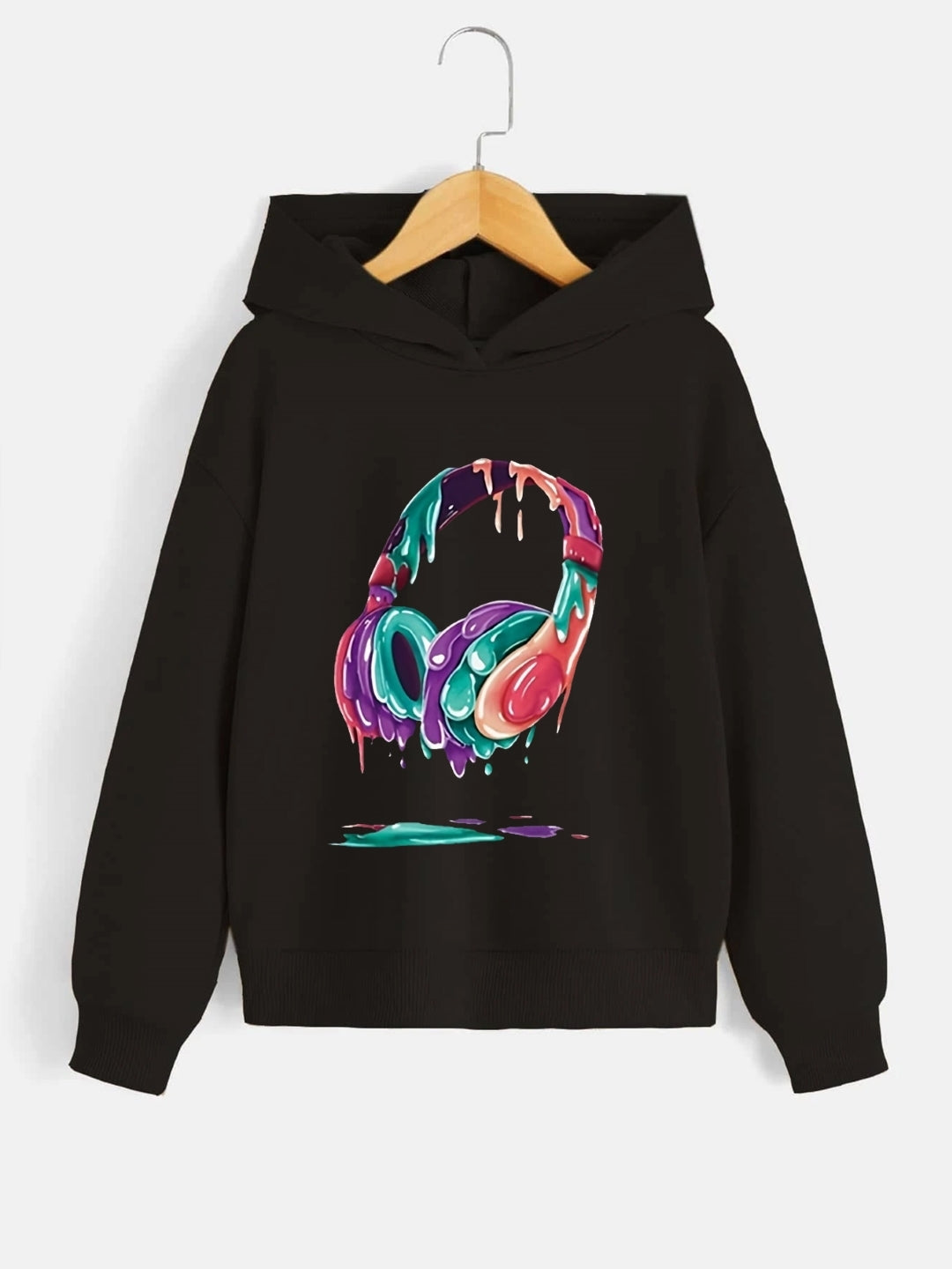 Black Graphics Printed Long Sleeves Polyester Hoodie