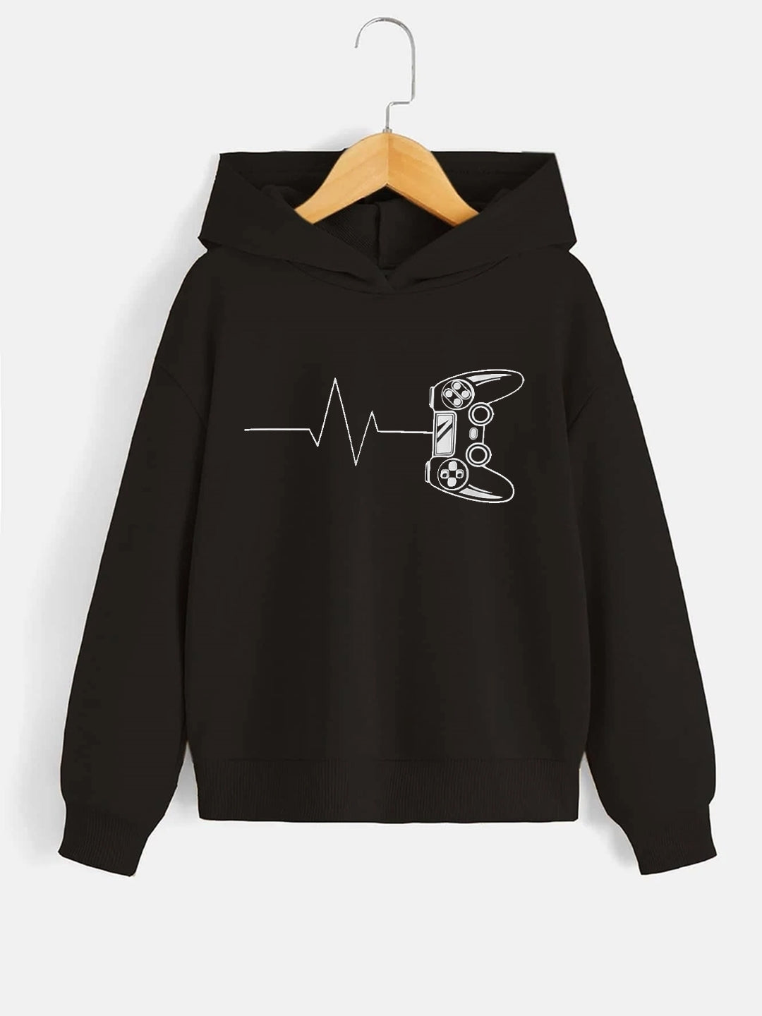 Black Graphics Printed Long Sleeves Polyester Hoodie