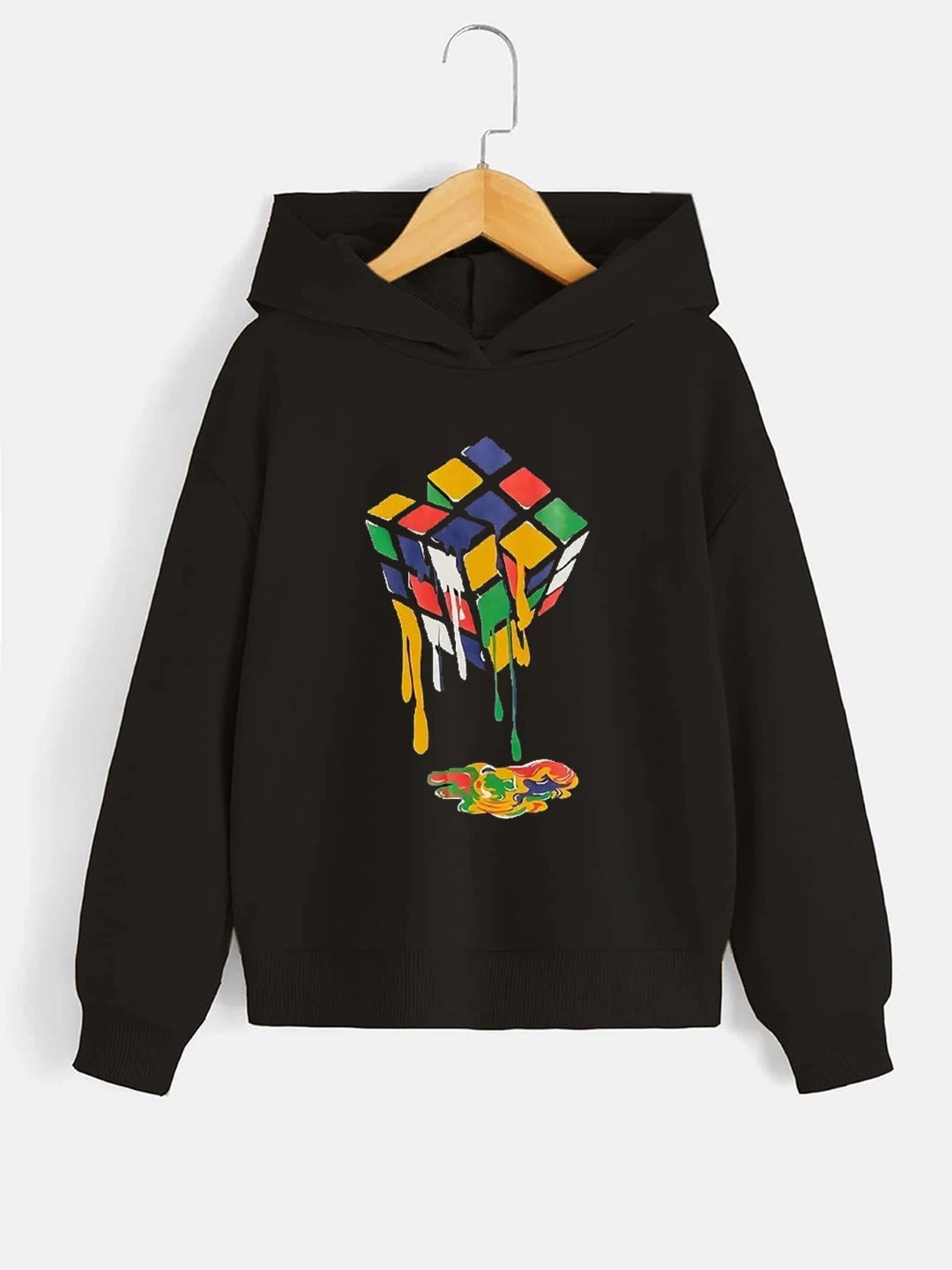 Black Graphics Printed Long Sleeves Polyester Hoodie