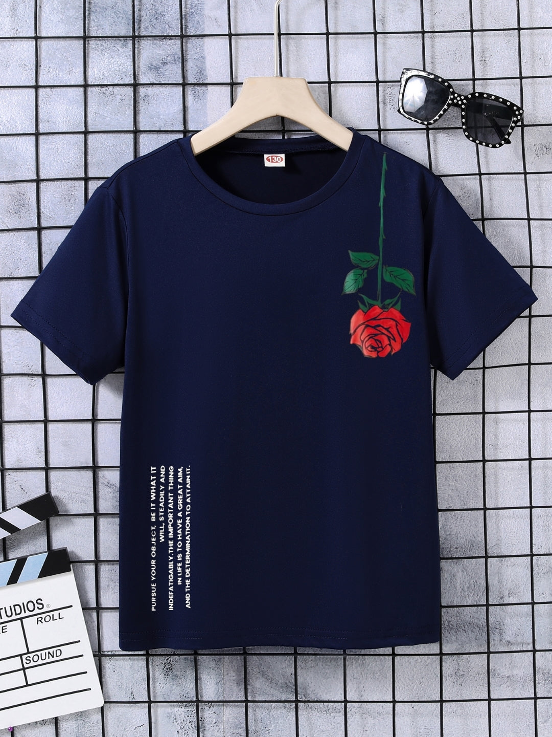 Navy Blue Round Neck Graphics Printed Short Sleeves Polyester T-Shirt