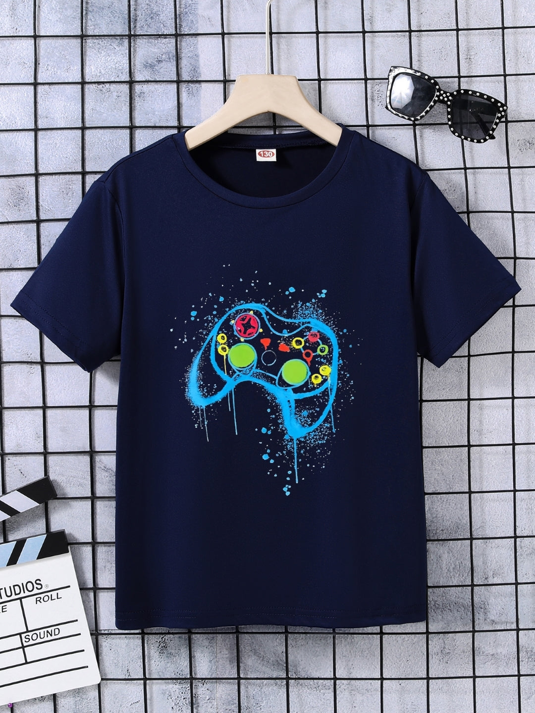 Navy Blue Round Neck Graphics Printed Short Sleeves Polyester T-Shirt