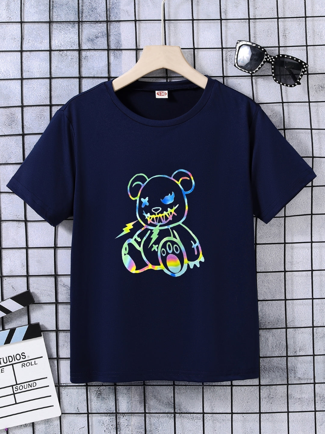 Navy Blue Round Neck Graphics Printed Short Sleeves Polyester T-Shirt