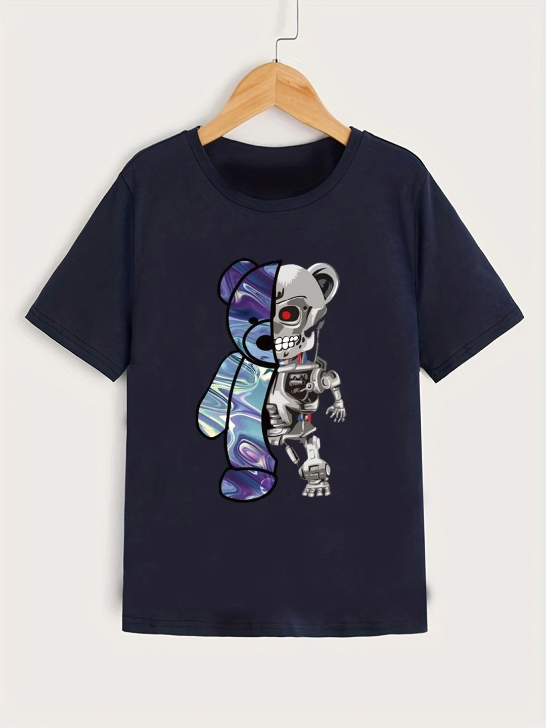 Navy Blue Round Neck Graphics Printed Short Sleeves Polyester T-Shirt