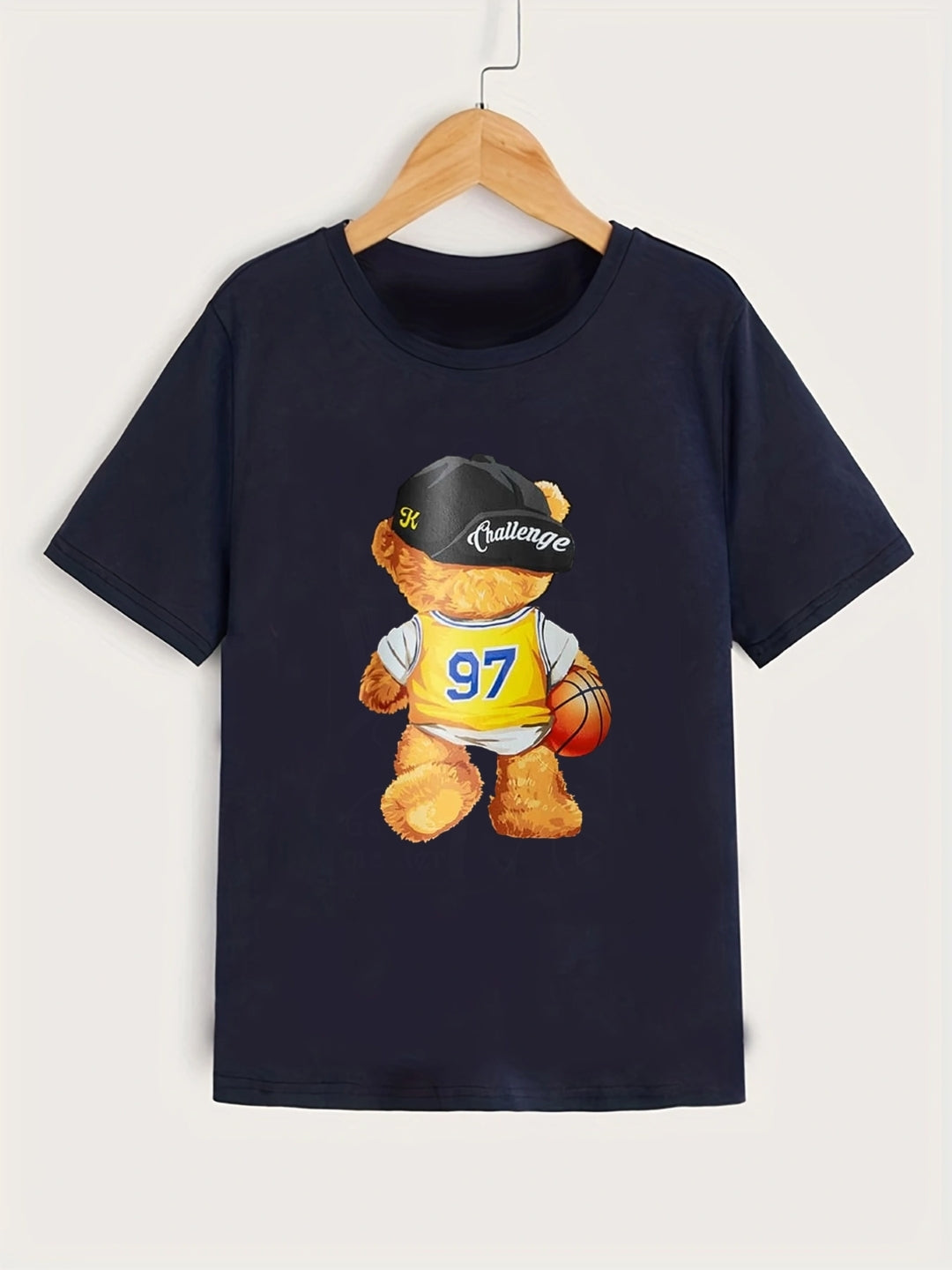 Navy Blue Round Neck Graphics Printed Short Sleeves Polyester T-Shirt