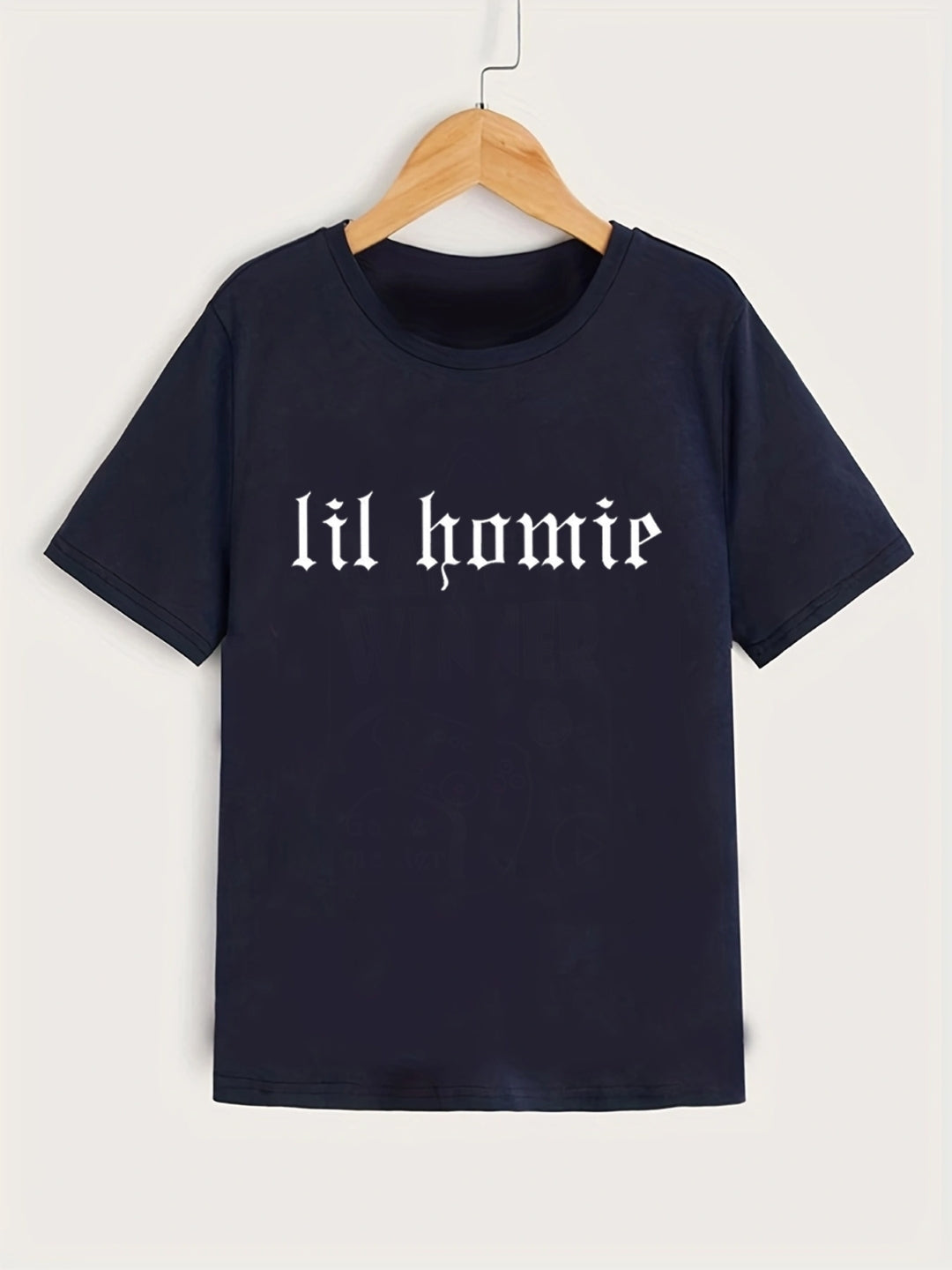 Navy Blue Round Neck Graphics Printed Short Sleeves Polyester T-Shirt