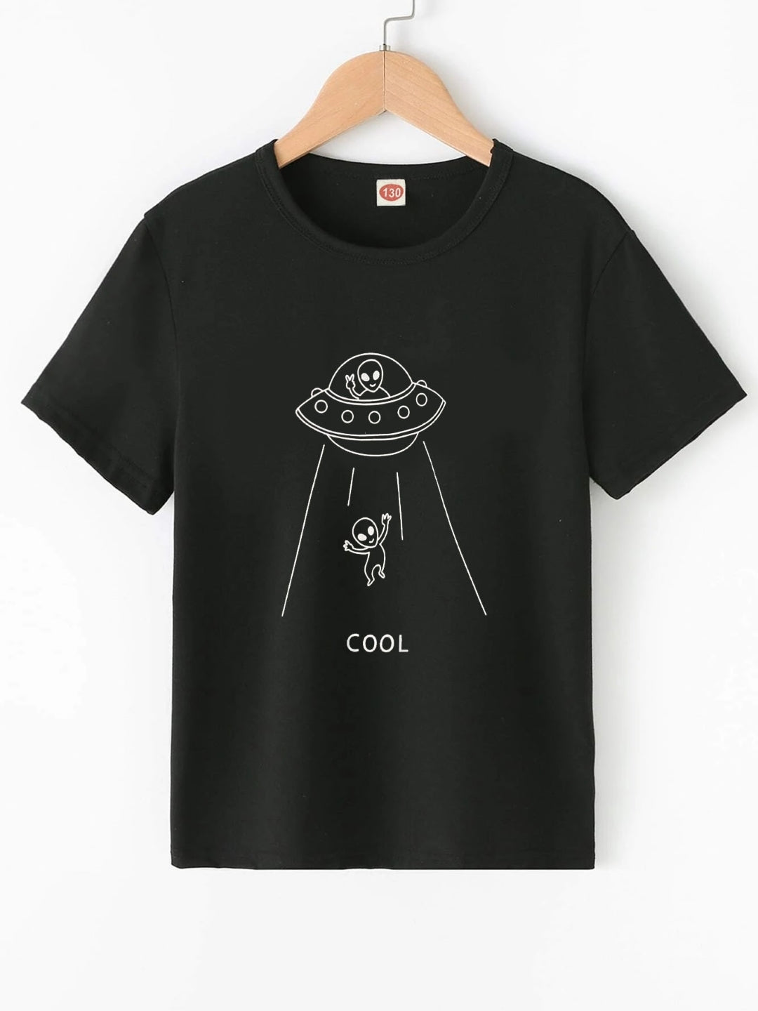 Black Round Neck Graphics Printed Short Sleeves Polyester T-Shirt