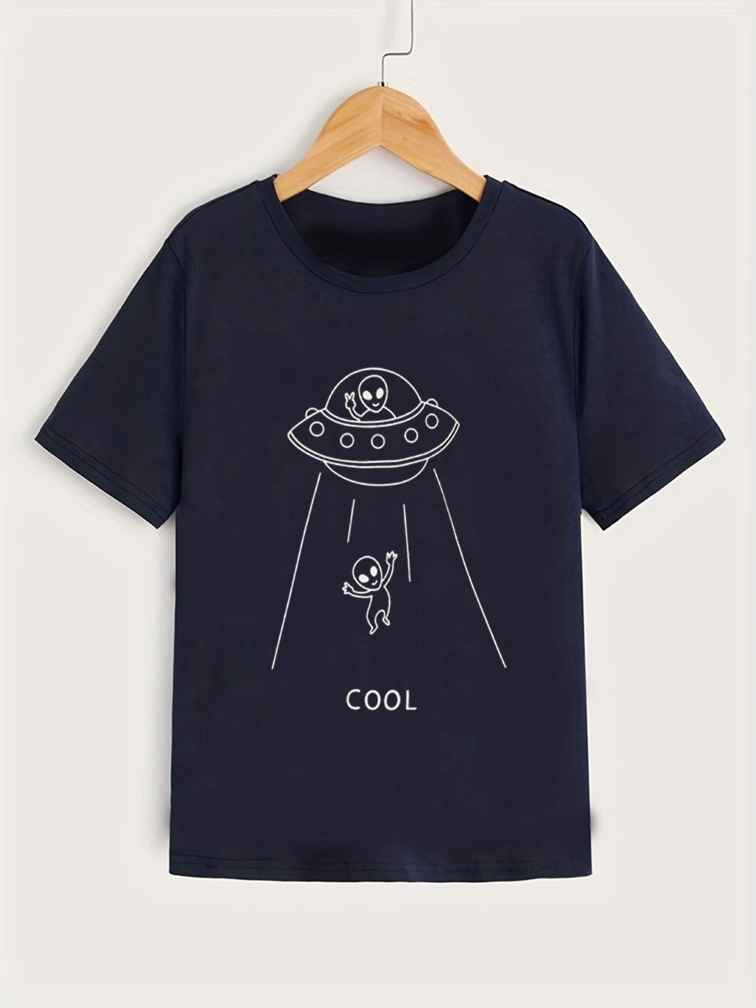 Navy Blue Round Neck Graphics Printed Short Sleeves Polyester T-Shirt