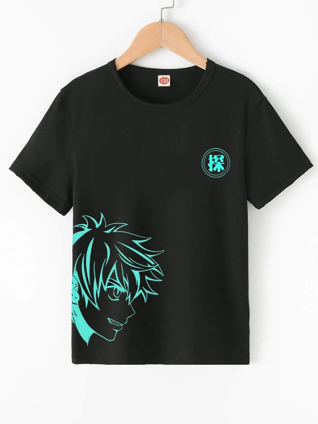 Black Round Neck Graphics Printed Short Sleeves Polyester T-Shirt