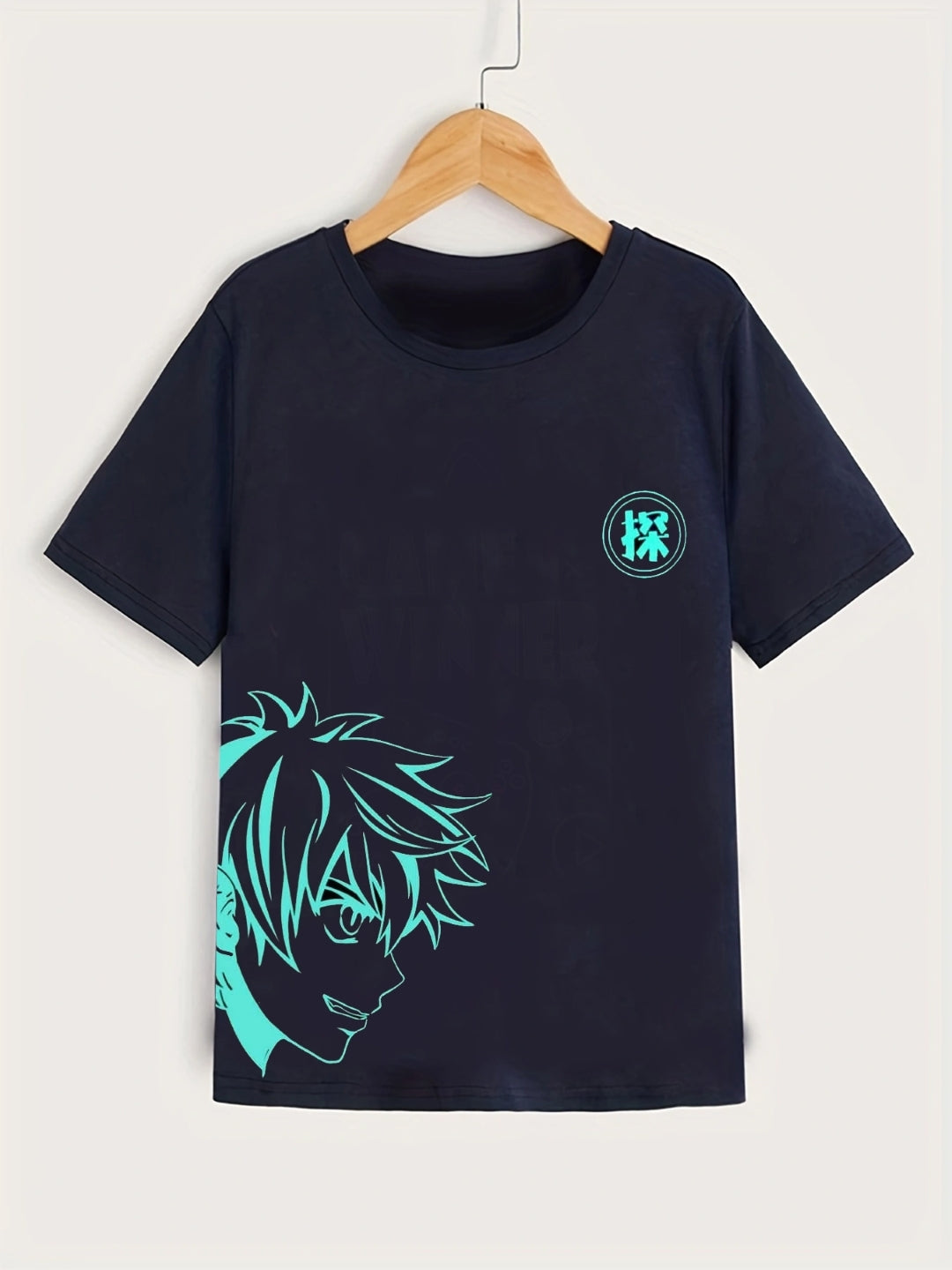 Navy Blue Round Neck Graphics Printed Short Sleeves Polyester T-Shirt