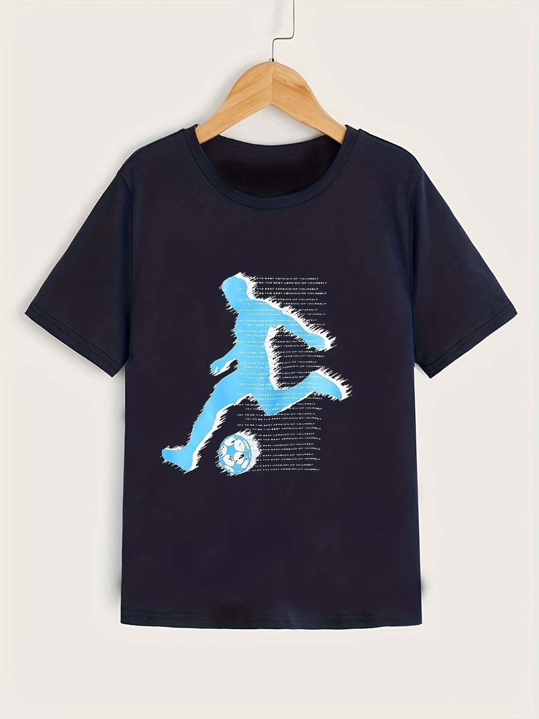 Navy Blue Round Neck Graphics Printed Short Sleeves Polyester T-Shirt