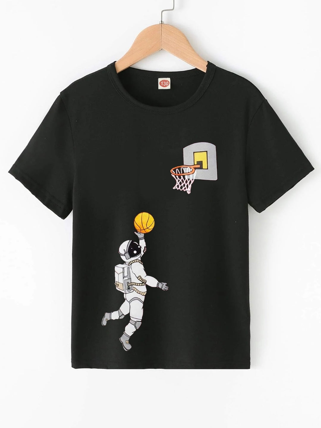 Black Round Neck Graphics Printed Short Sleeves Polyester T-Shirt