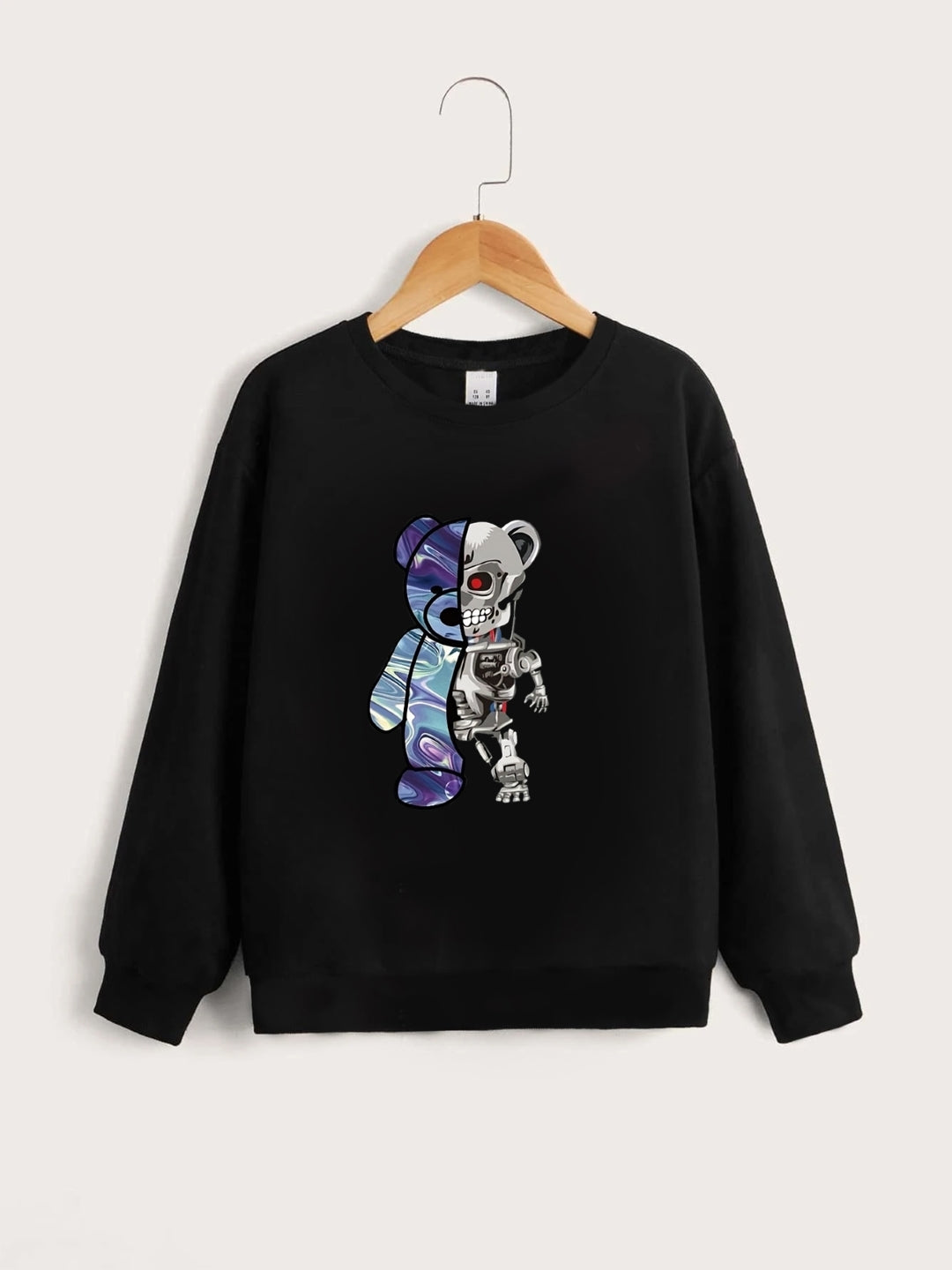 Black Round Neck Graphics Printed Long Sleeves Polyester Sweatshirt