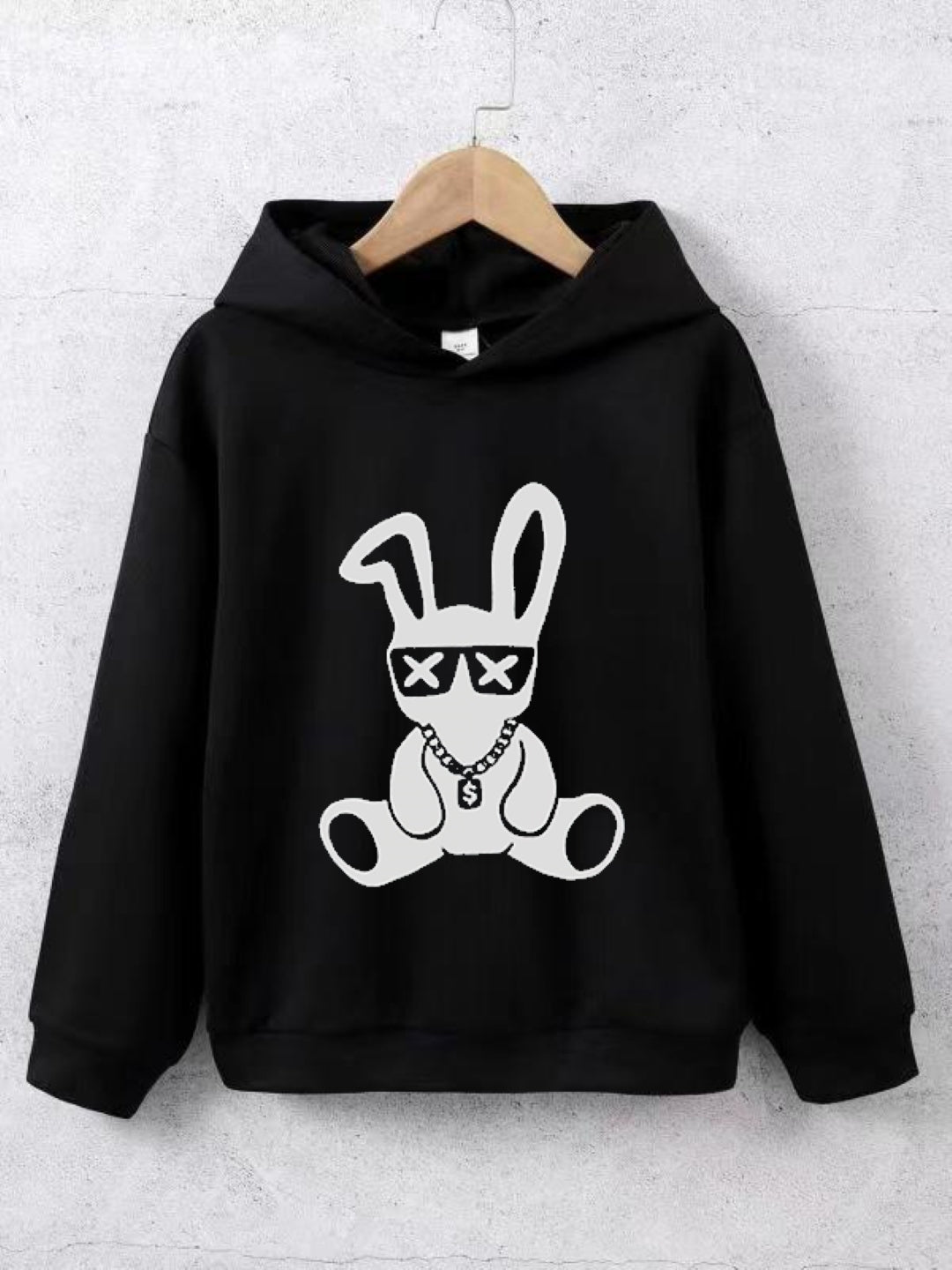 Black Graphics Printed Long Sleeves Polyester Hoodie