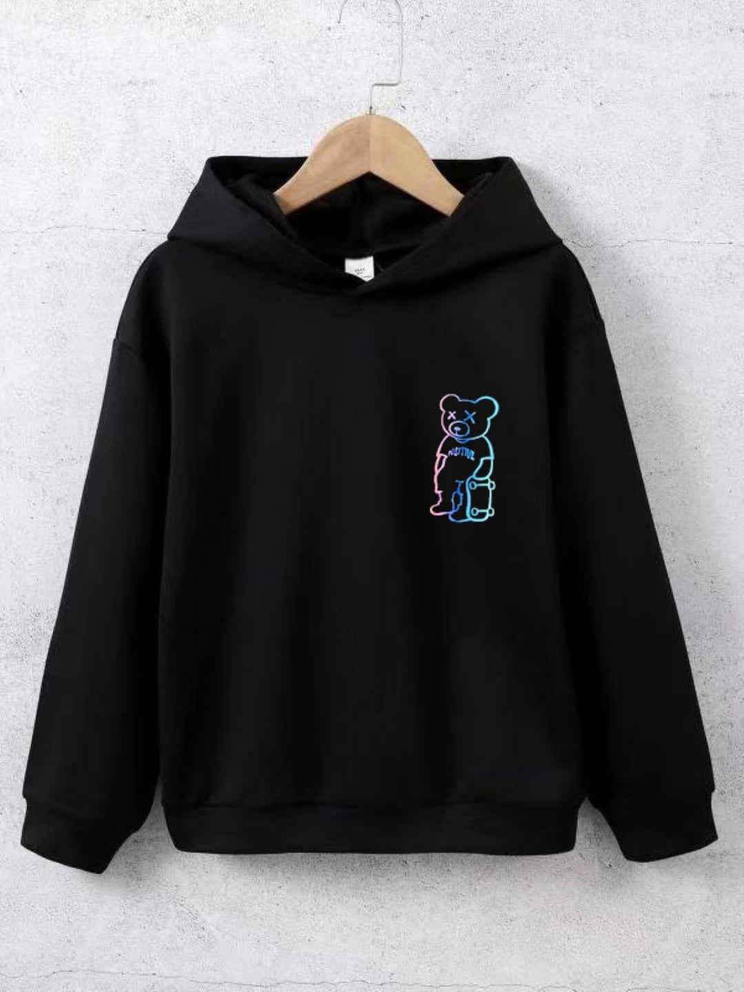 Black Graphics Printed Long Sleeves Polyester Hoodie