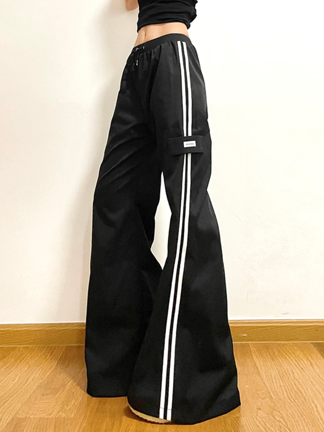 Black Printed Flared Polyester Regular Trousers