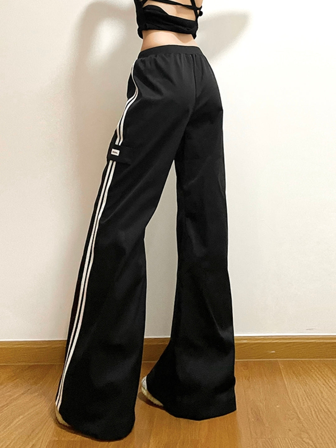 Black Printed Flared Polyester Regular Trousers