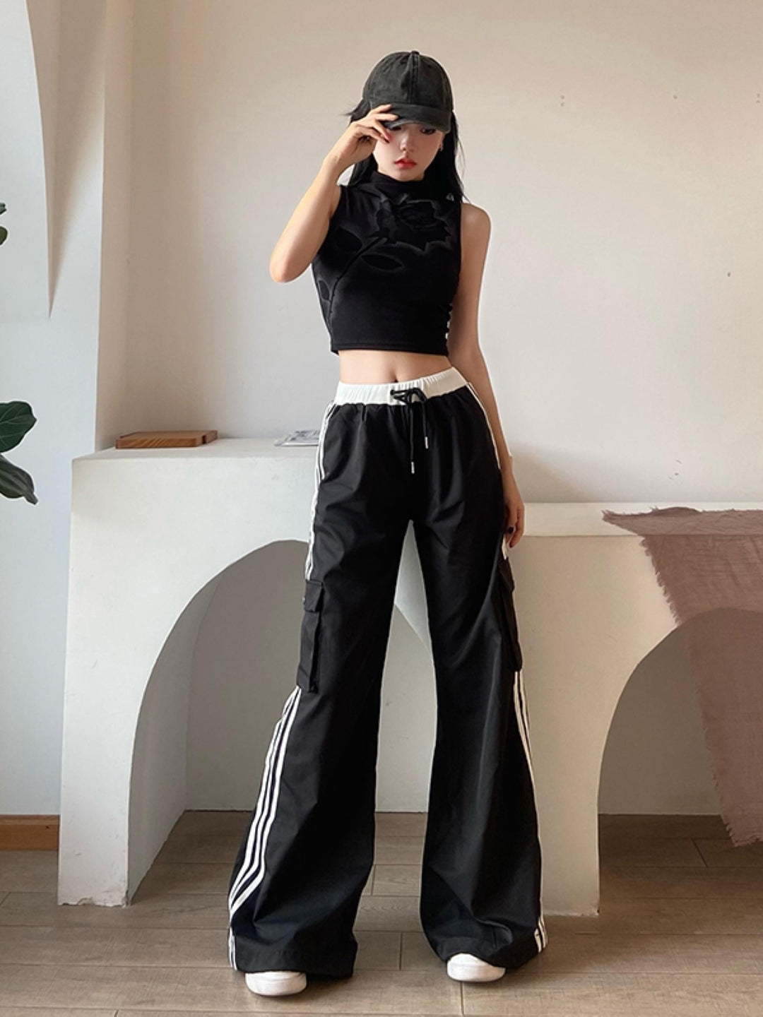 Black Printed Flared Polyester Regular Trousers