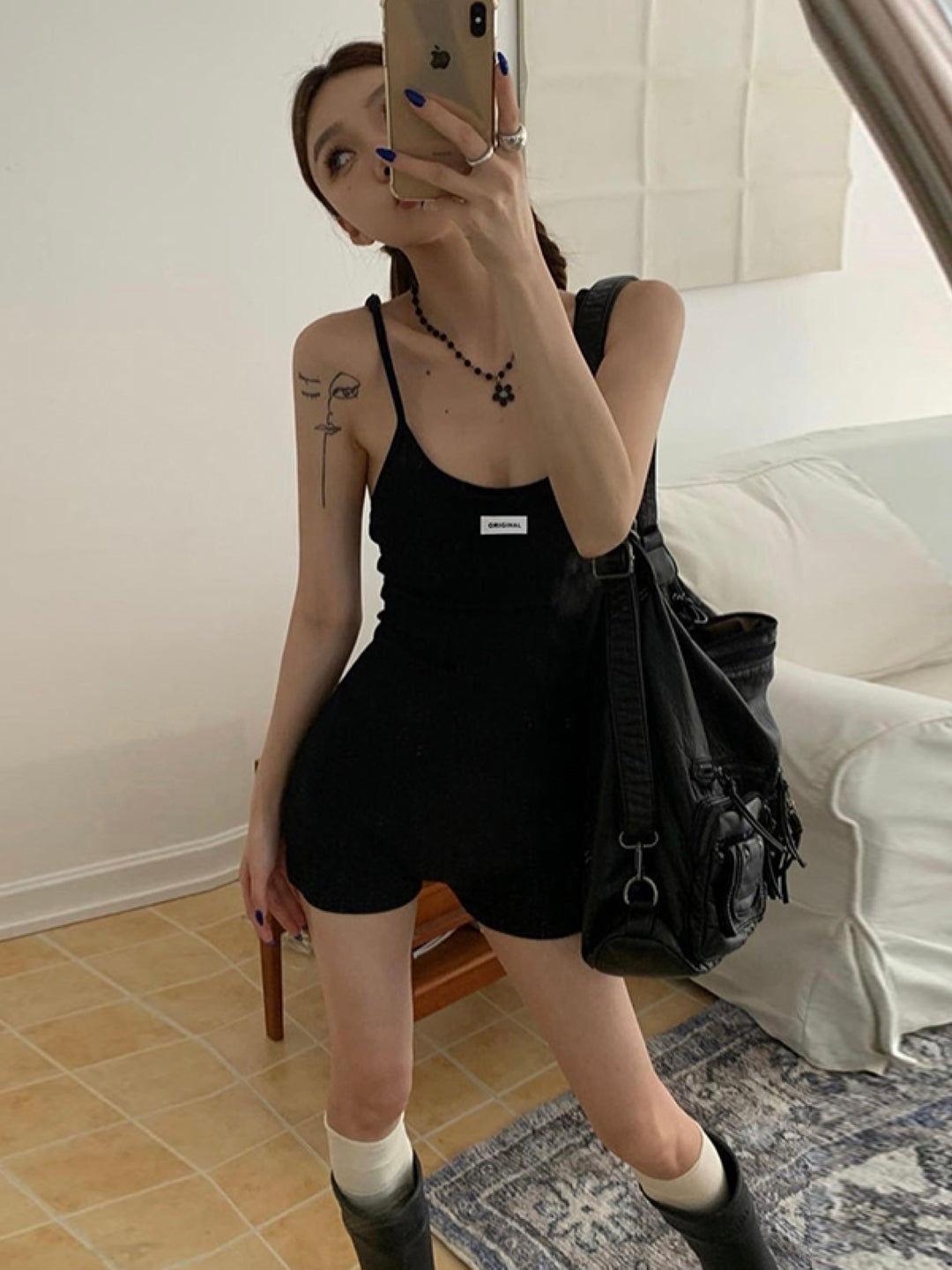 Black Shoulder Straps Sleeveless Solid Cotton Jumpsuit