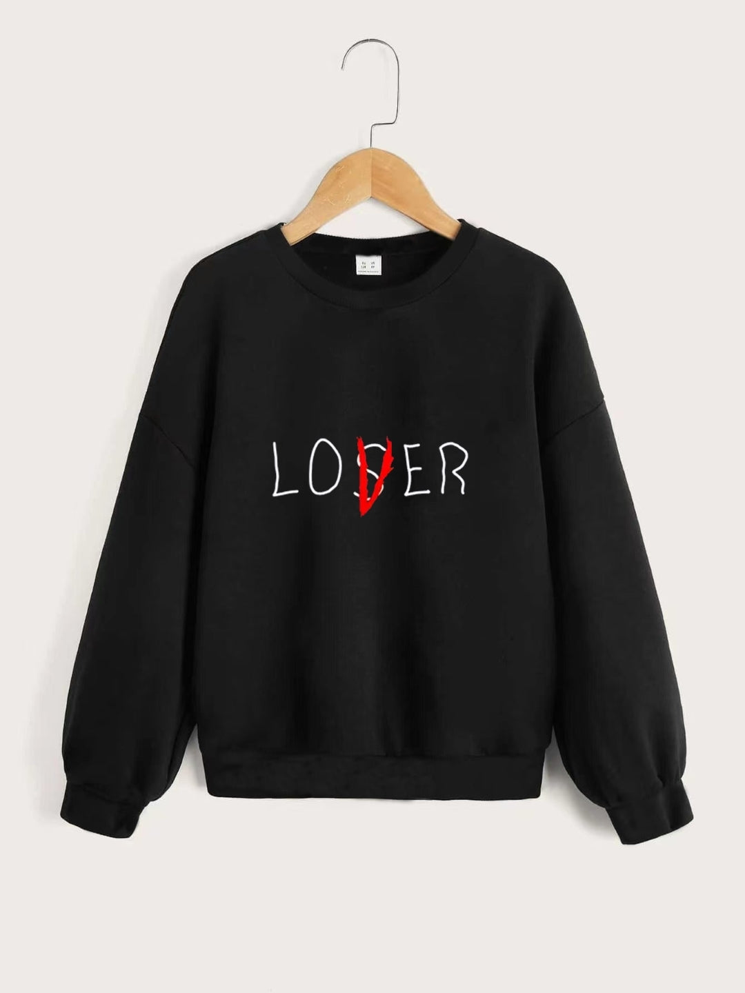 Black Round Neck Graphics Printed Long Sleeves Polyester Sweatshirt