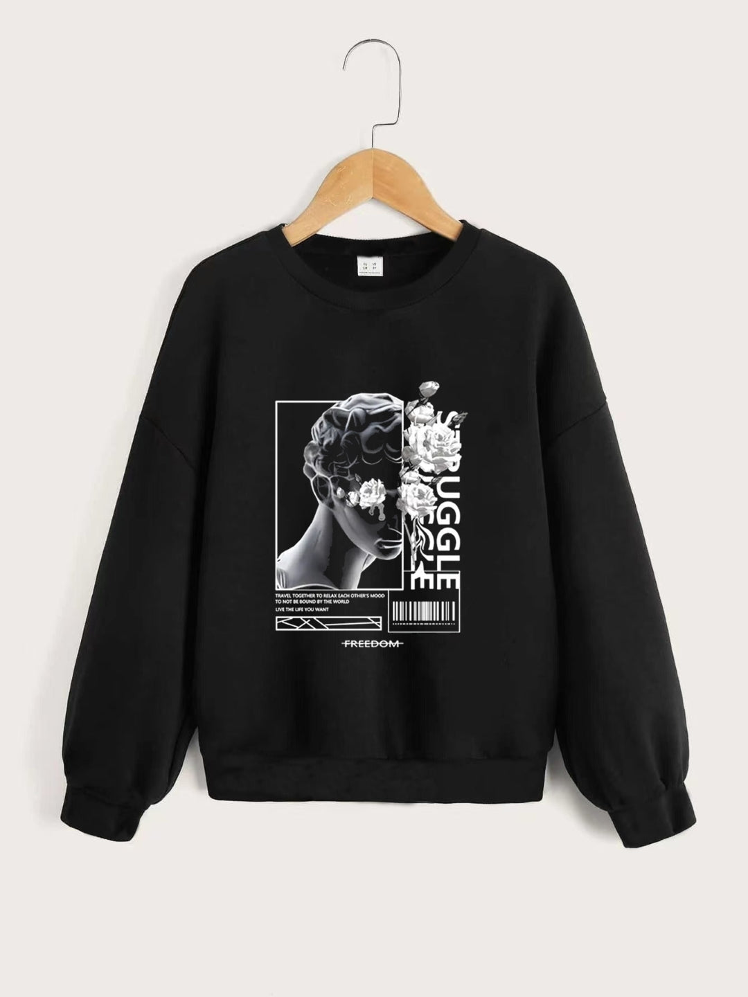 Black Round Neck Graphics Printed Long Sleeves Polyester Sweatshirt