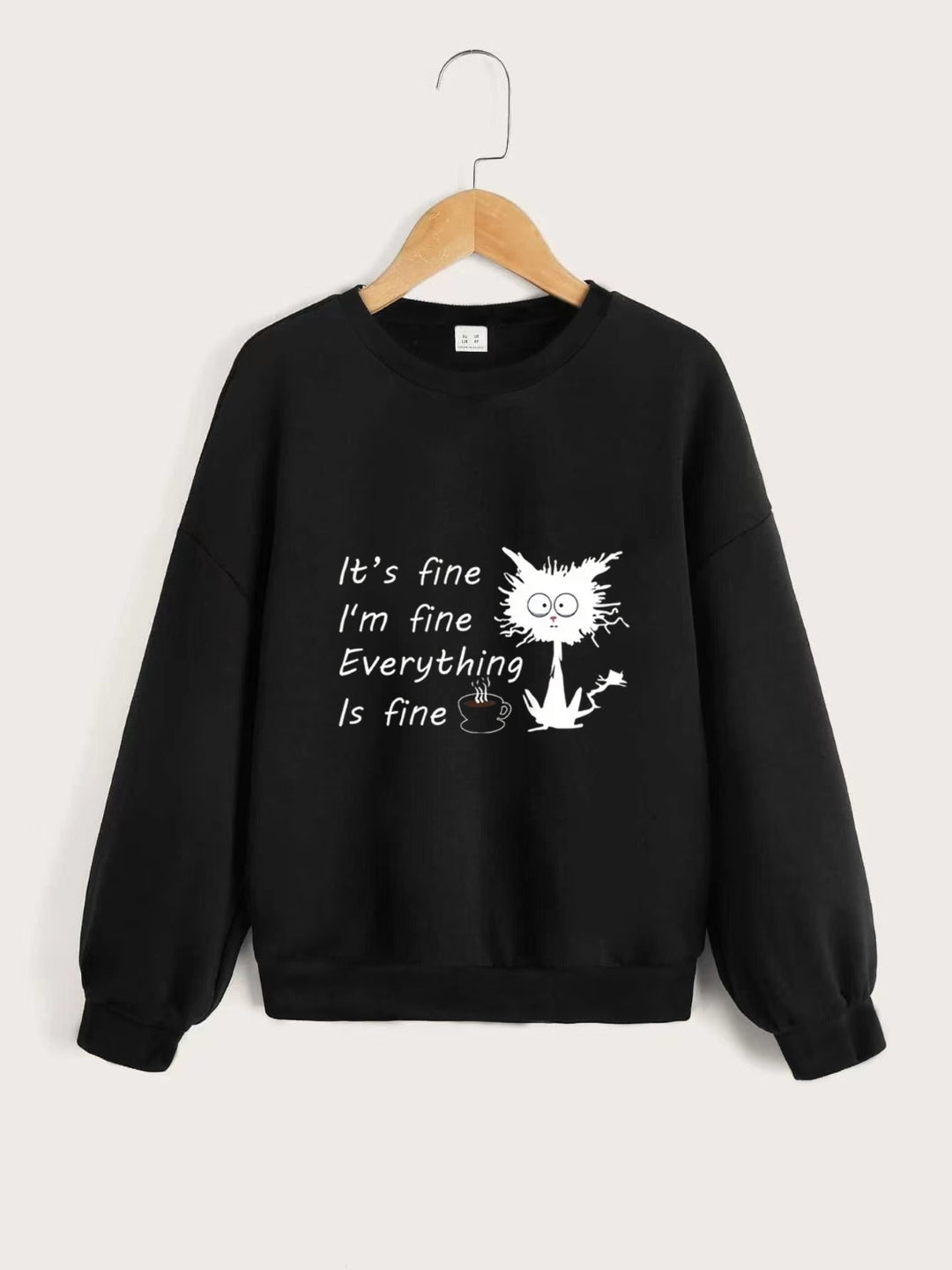 Black Round Neck Graphics Printed Long Sleeves Polyester Sweatshirt