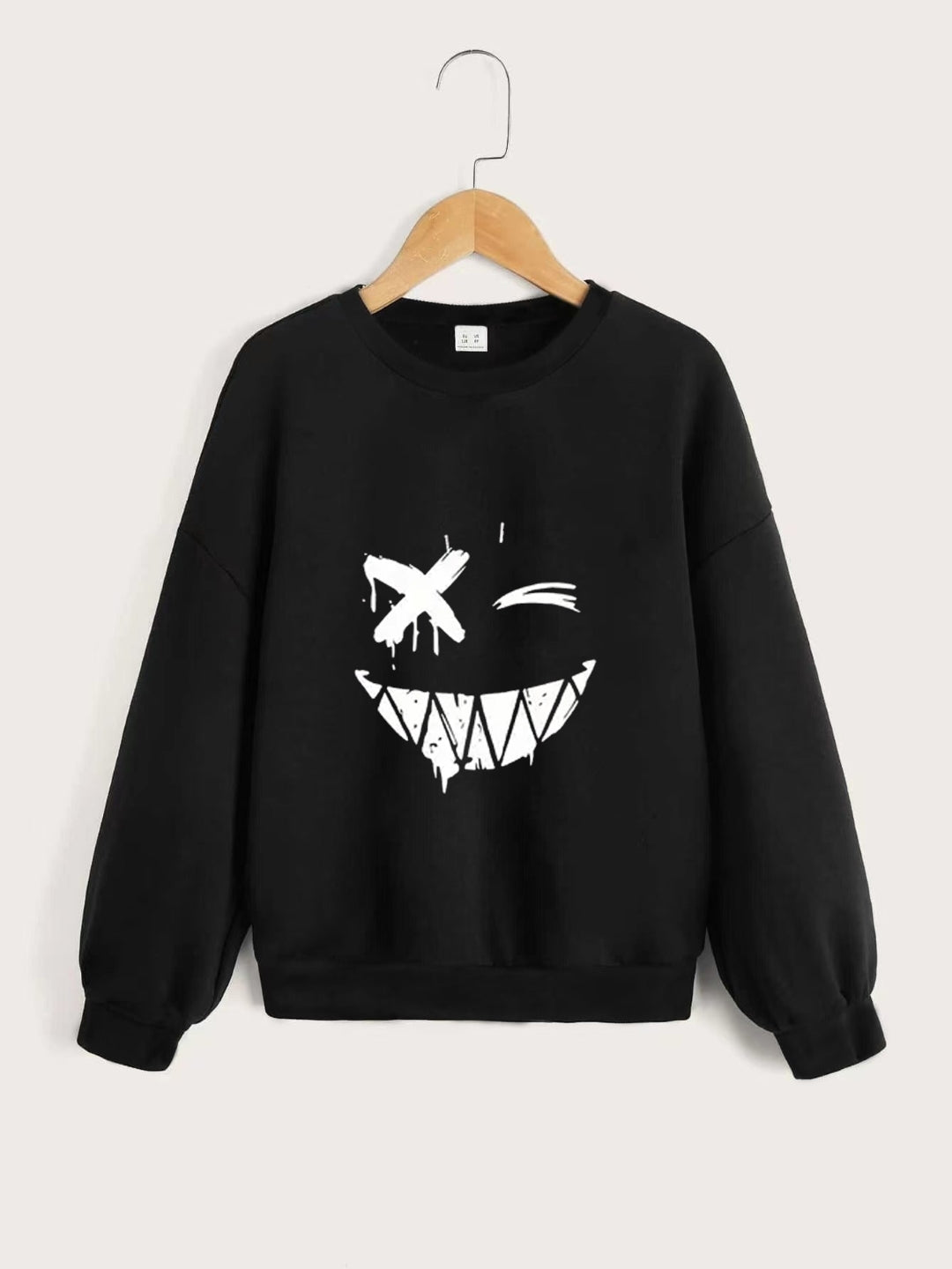 Black Round Neck Graphics Printed Long Sleeves Polyester Sweatshirt