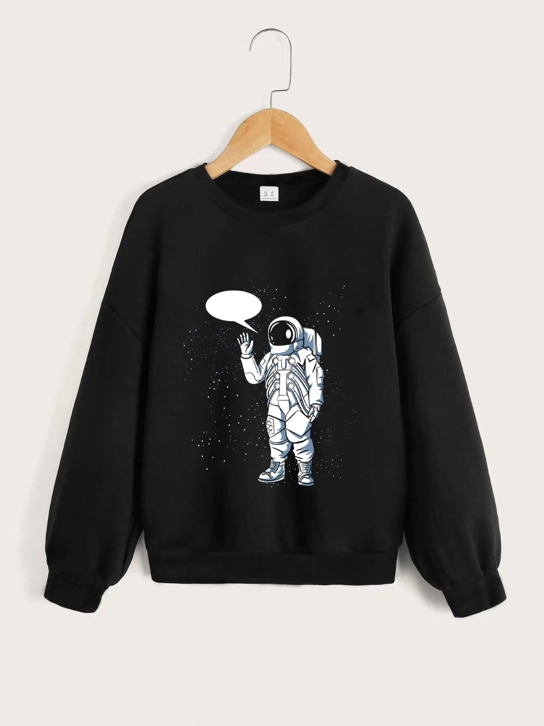 Black Round Neck Graphics Printed Long Sleeves Polyester Sweatshirt