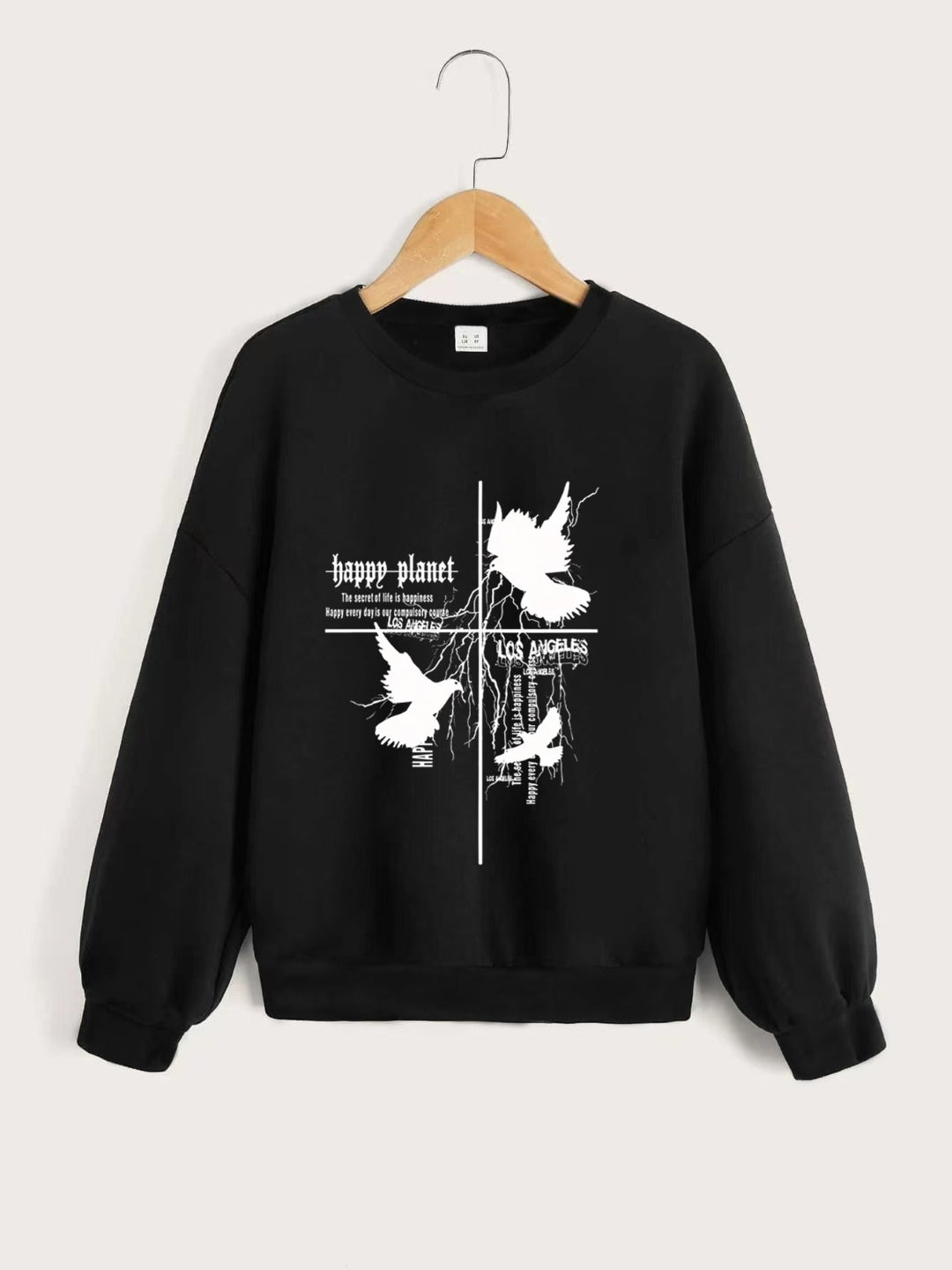 Black Round Neck Graphics Printed Long Sleeves Polyester Sweatshirt