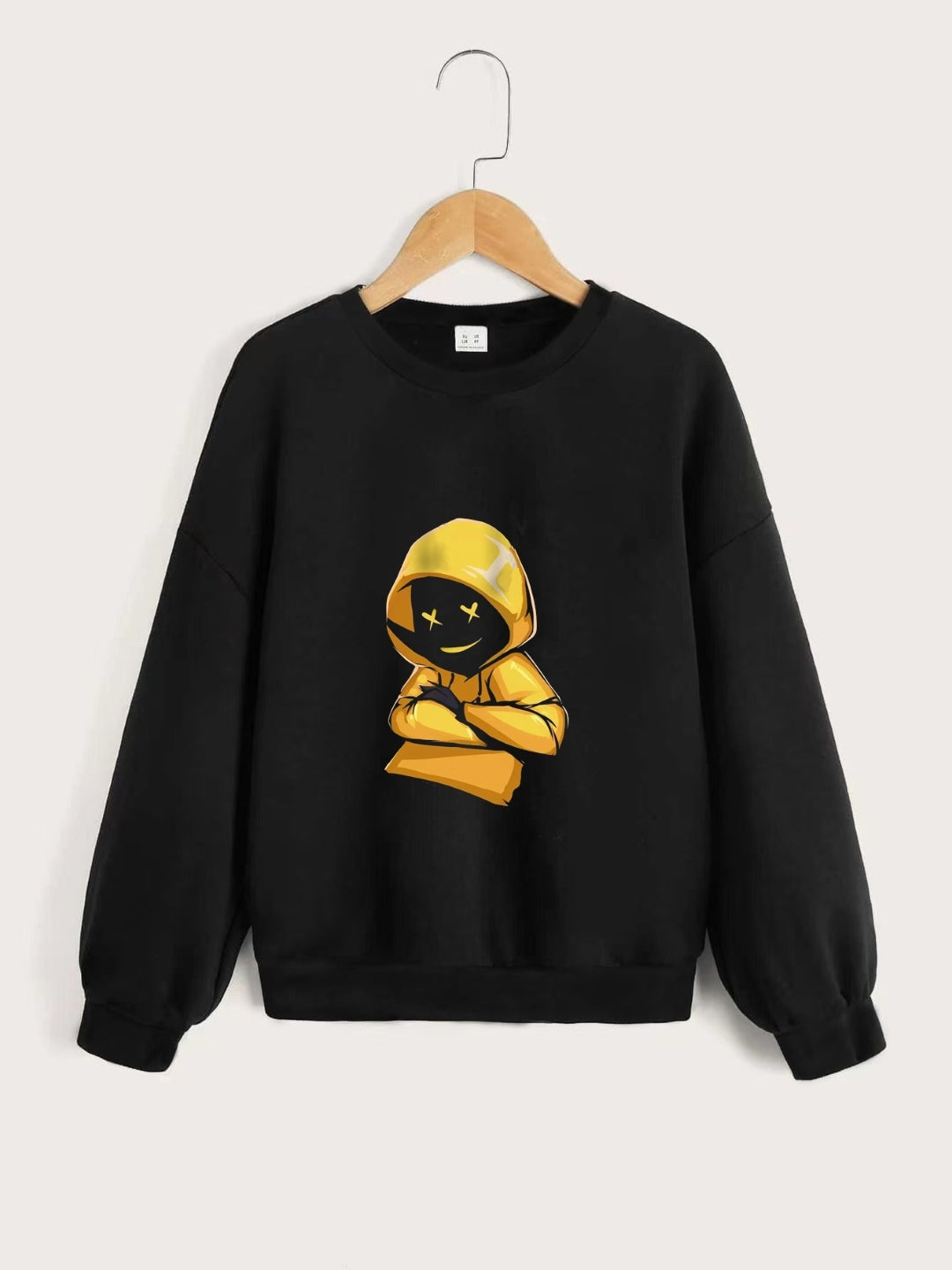 Black Round Neck Graphics Printed Long Sleeves Polyester Sweatshirt