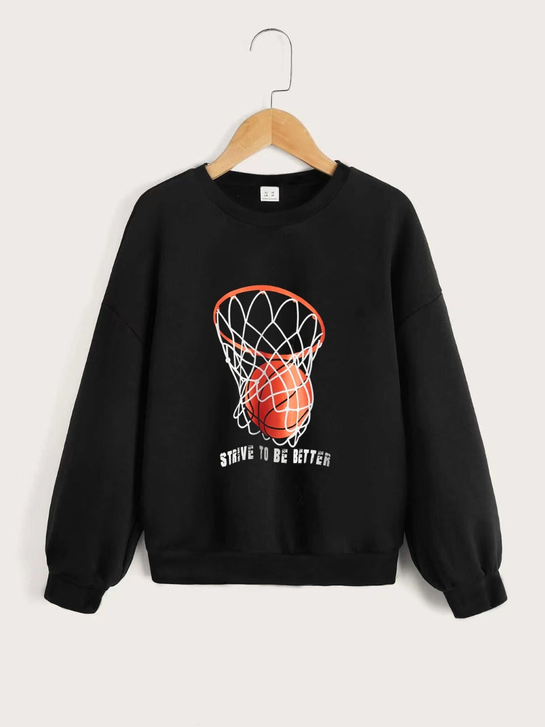 Black Round Neck Graphics Printed Long Sleeves Polyester Sweatshirt