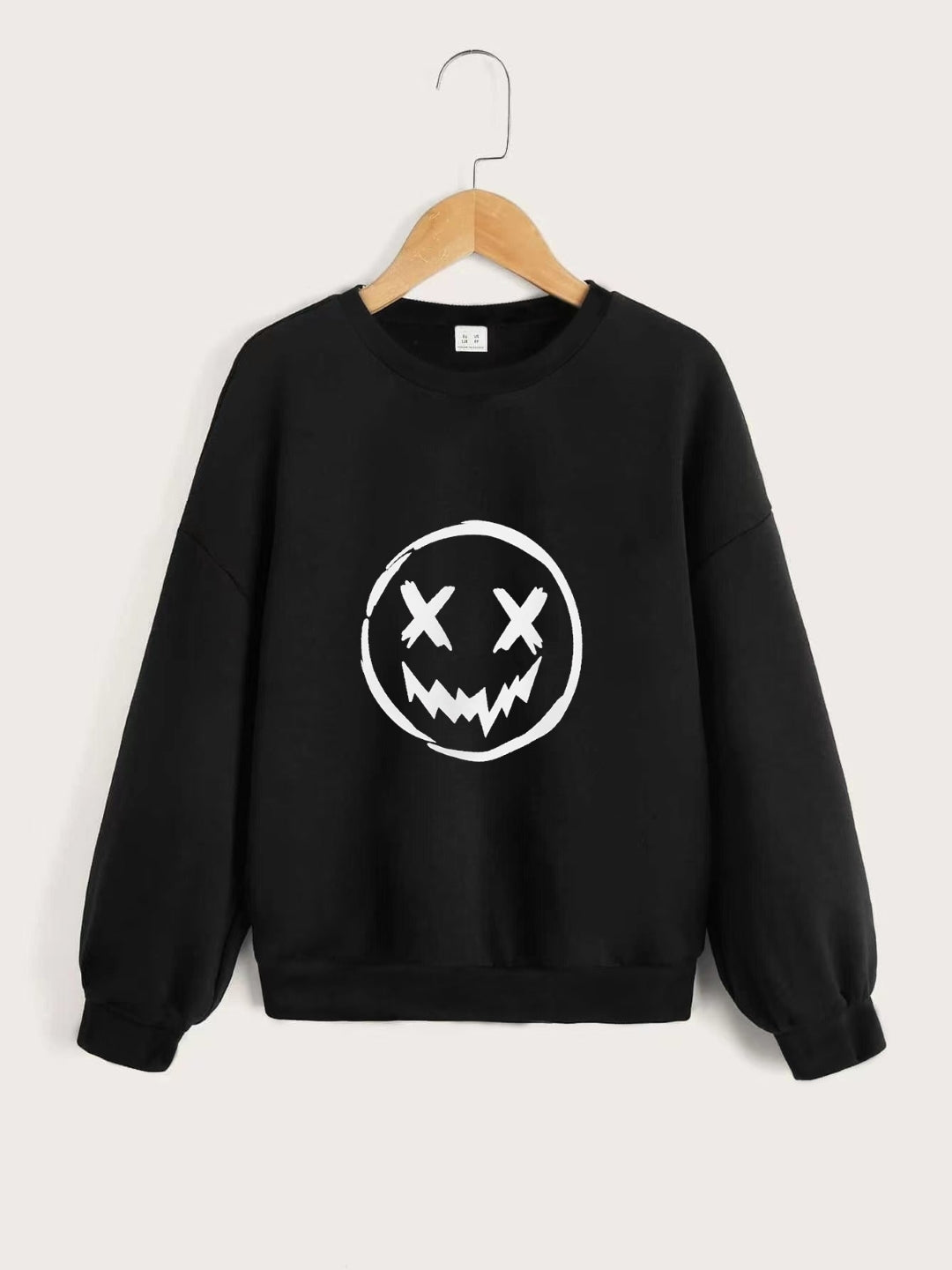 Black Round Neck Graphics Printed Long Sleeves Polyester Sweatshirt