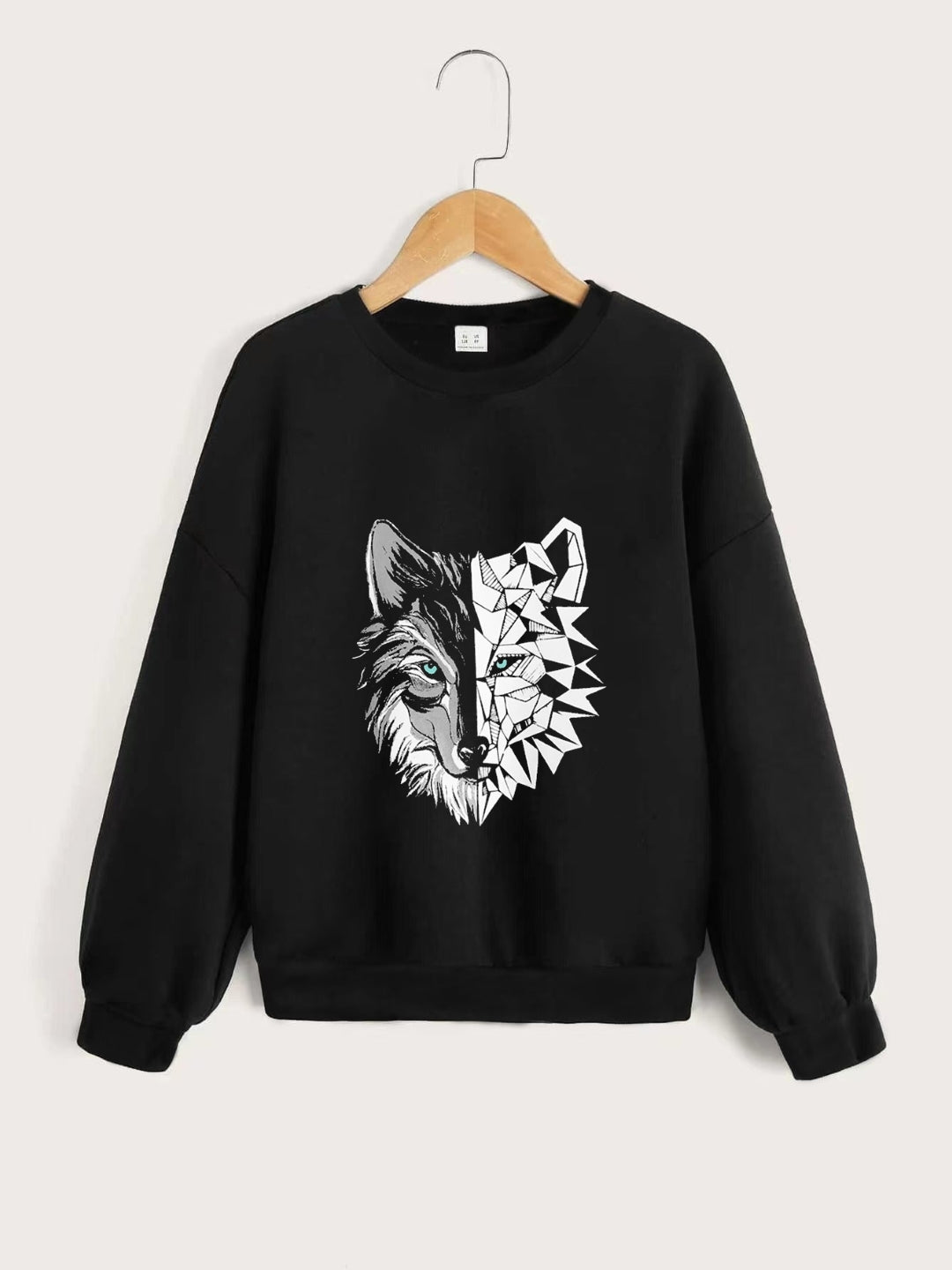 Black Round Neck Graphics Printed Long Sleeves Polyester Sweatshirt